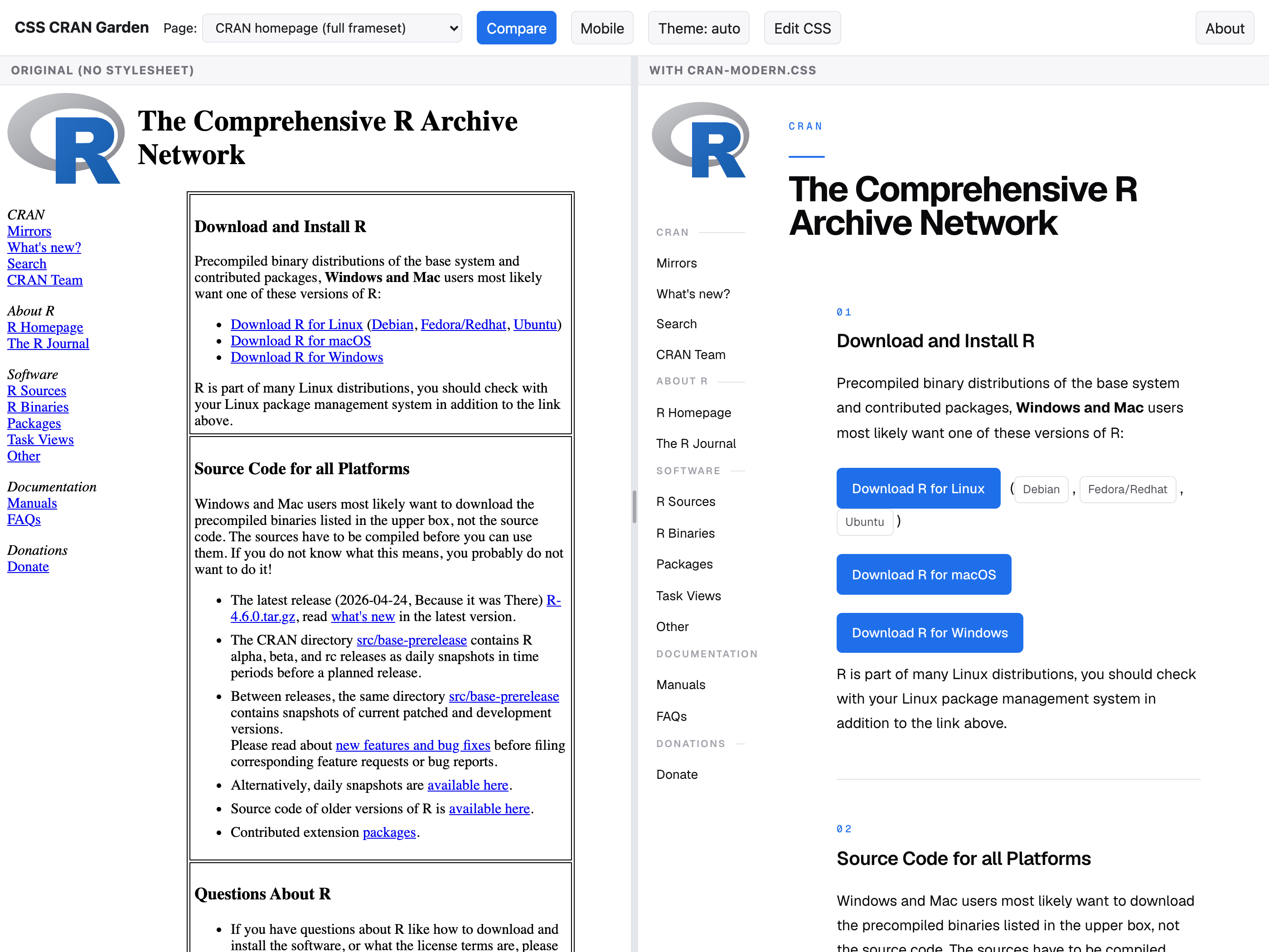 A side-by-side comparison titled CSS CRAN Garden. On the left, labeled 'original (no stylesheet)', the CRAN homepage in its default serif and table layout. On the right, labeled 'with cran-modern.css', the same page restyled with a clean left sidebar, blue buttoned download links, and numbered section headings.