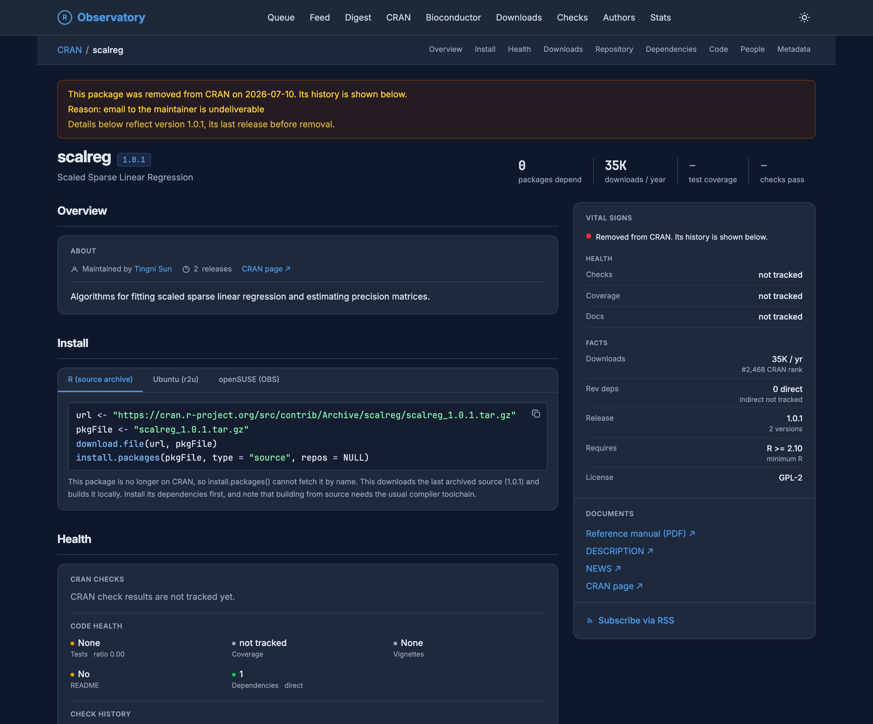 The scalreg package page on the R Observatory, marked as removed from CRAN. A banner reads that the package was removed on 2026-07-10 because email to the maintainer is undeliverable, and that the details below reflect version 1.0.1, its last release before removal. The header shows scalreg 1.0.1, Scaled Sparse Linear Regression, with fast facts of zero packages depending on it, thirty-five thousand downloads a year, and no tracked test coverage or check results. An Install panel gives R code to download and build the final archived source from the CRAN archive, noting that install.packages cannot fetch it by name. A vital-signs rail repeats that the package was removed from CRAN.