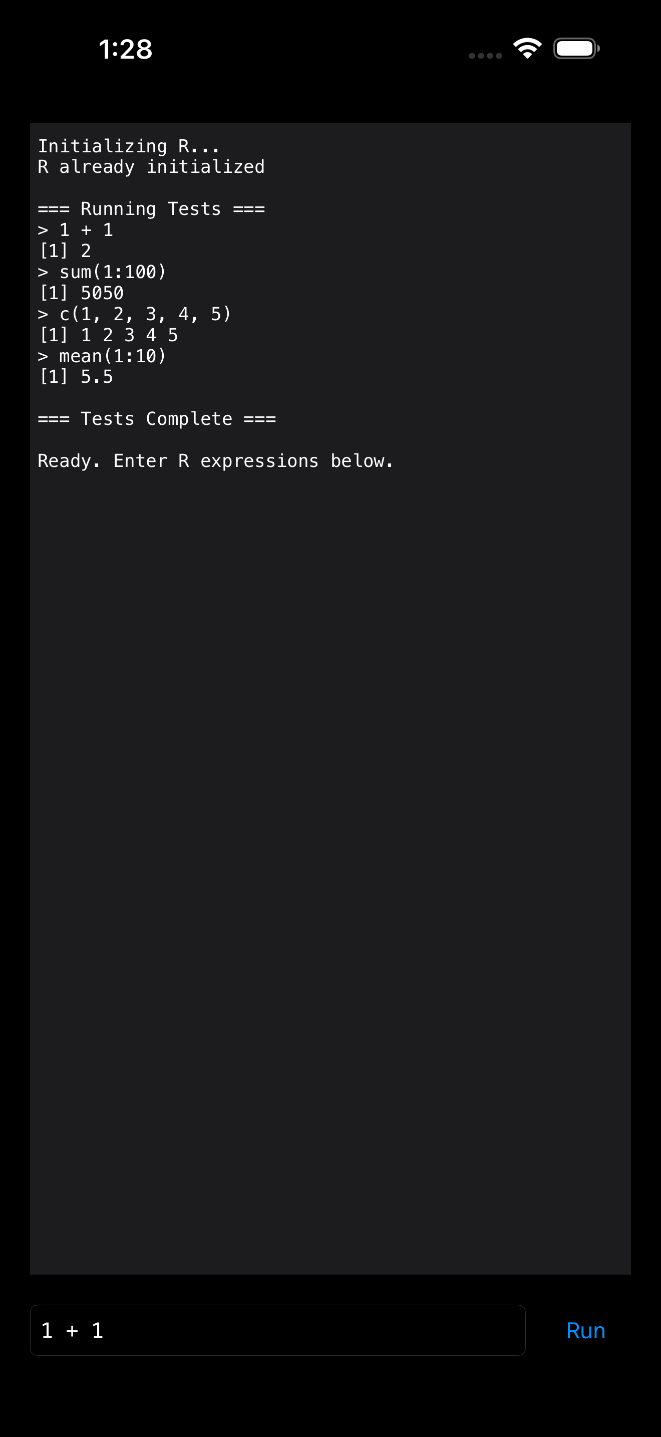 iPhone Simulator screenshot showing a minimal test app running native R with output from 1+1, sum(1:100), c(1,2,3,4,5), and mean(1:10).