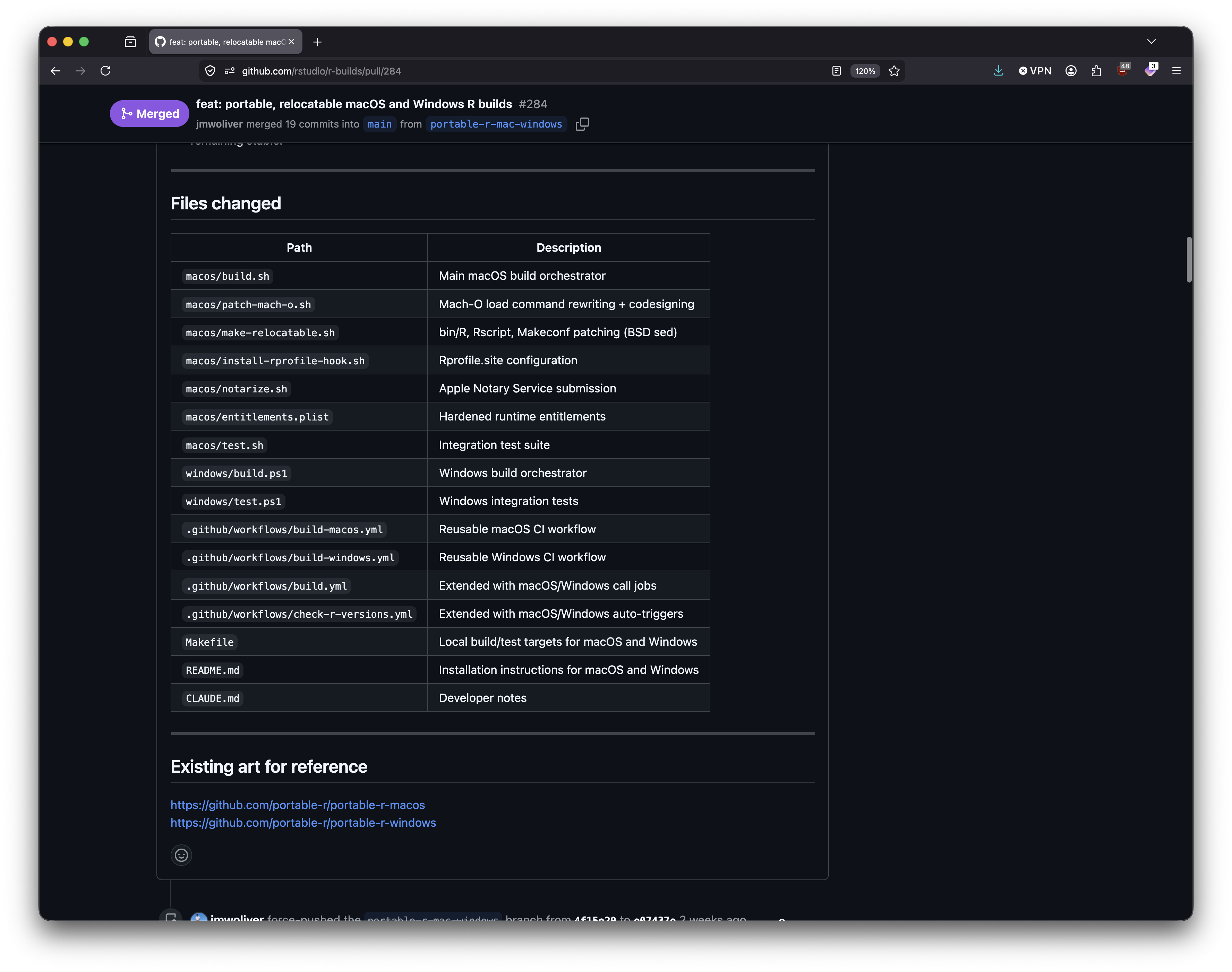 Screenshot of a GitHub pull request adding portable, relocatable macOS and Windows R builds to a Posit-maintained repository, showing a Files changed table that includes a CLAUDE.md and an Existing art for reference section linking to two external repositories.