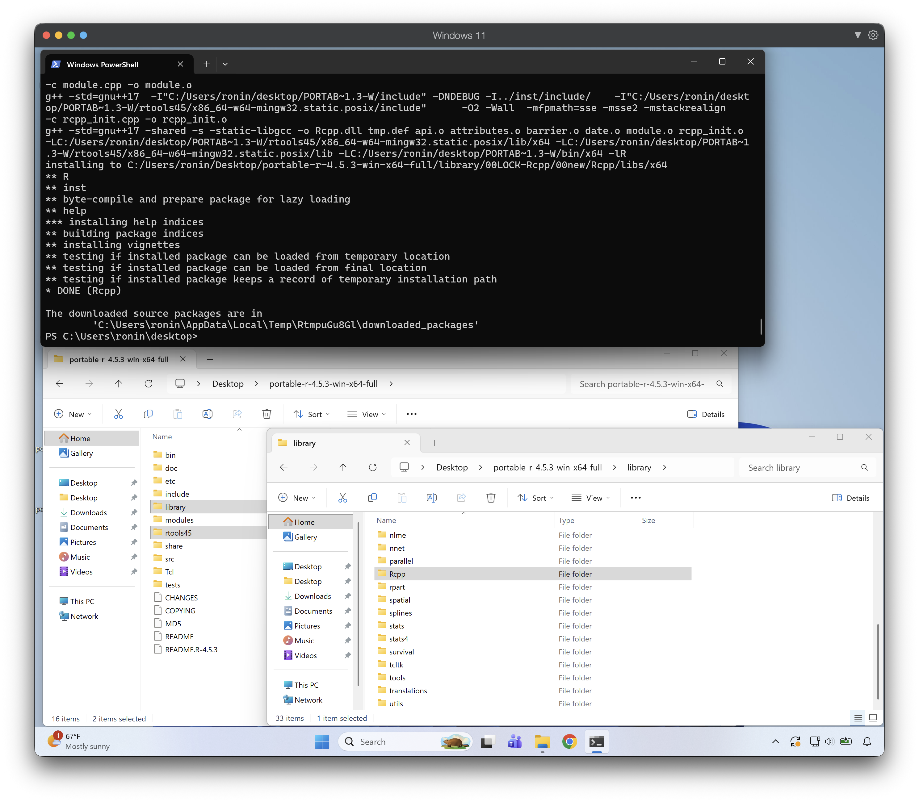 Windows 11 desktop showing three windows: a PowerShell terminal compiling the Rcpp package from source using g++ from the bundled Rtools45 toolchain, a File Explorer window showing the portable-r-4.5.3-win-x64-full directory containing R files alongside an rtools45 folder, and a second Explorer window showing the library folder with Rcpp and other installed packages.