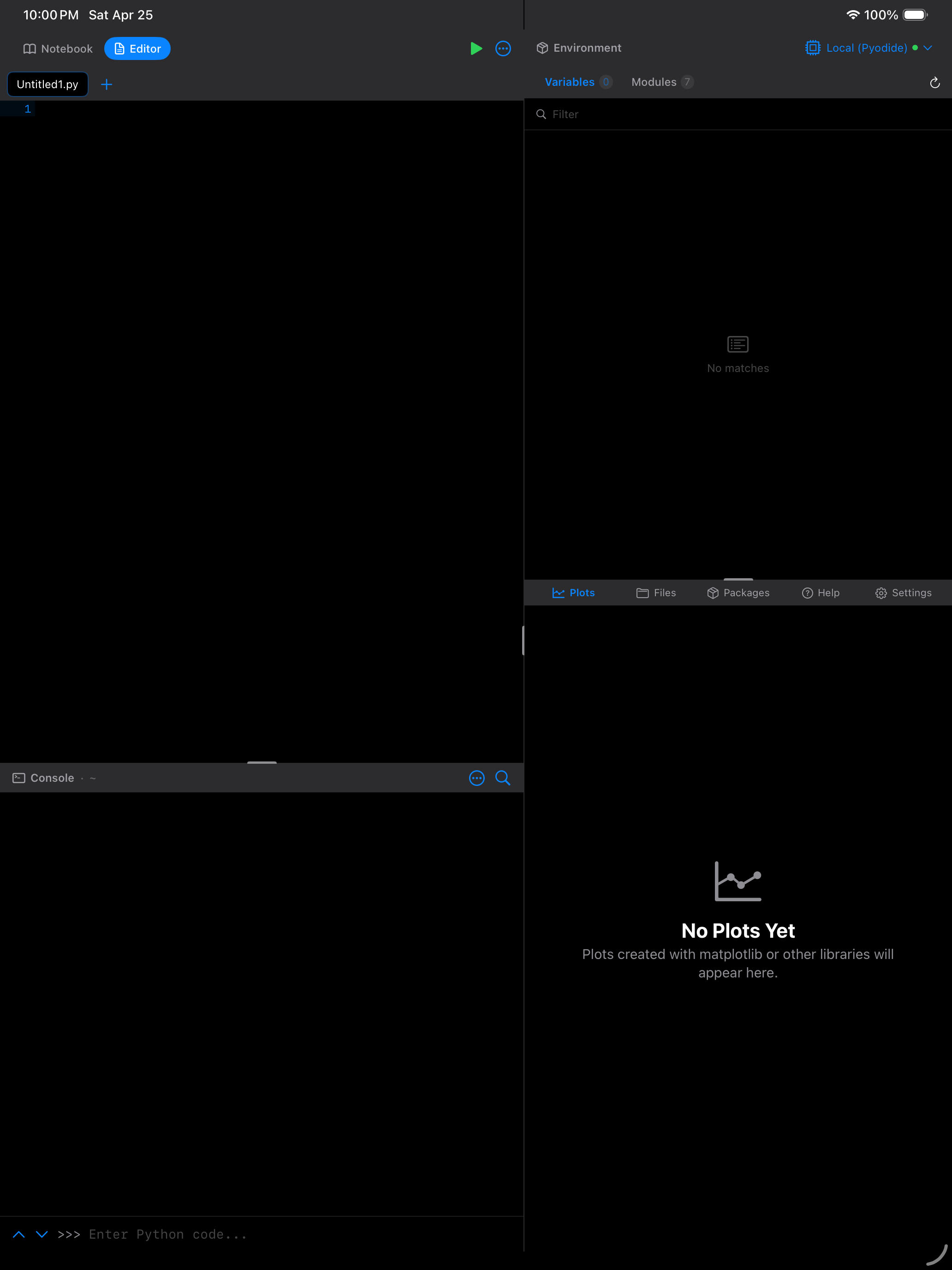 iPad screenshot showing a Pyodios notebook with prose, Python code cells, and rendered output.