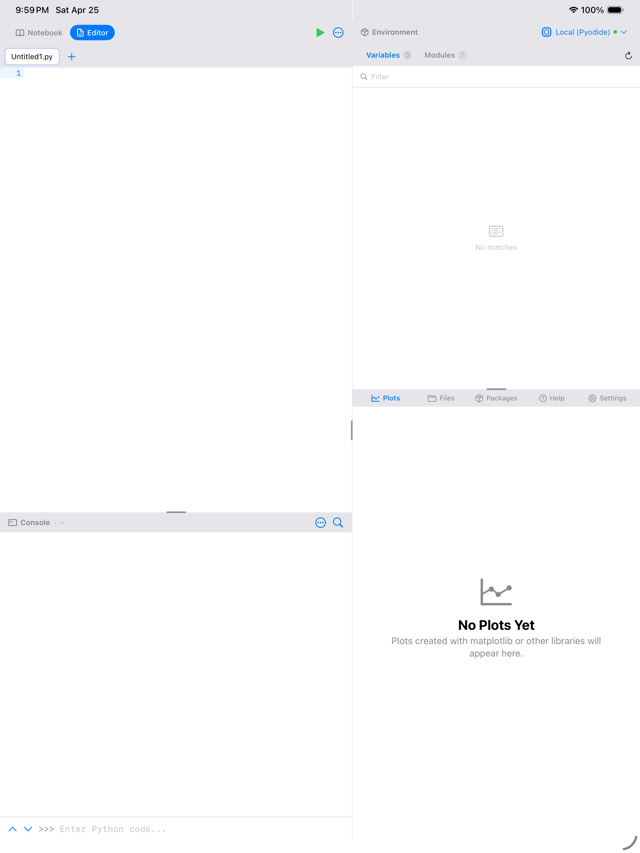 iPad screenshot showing a Pyodios notebook with prose, Python code cells, and rendered output.