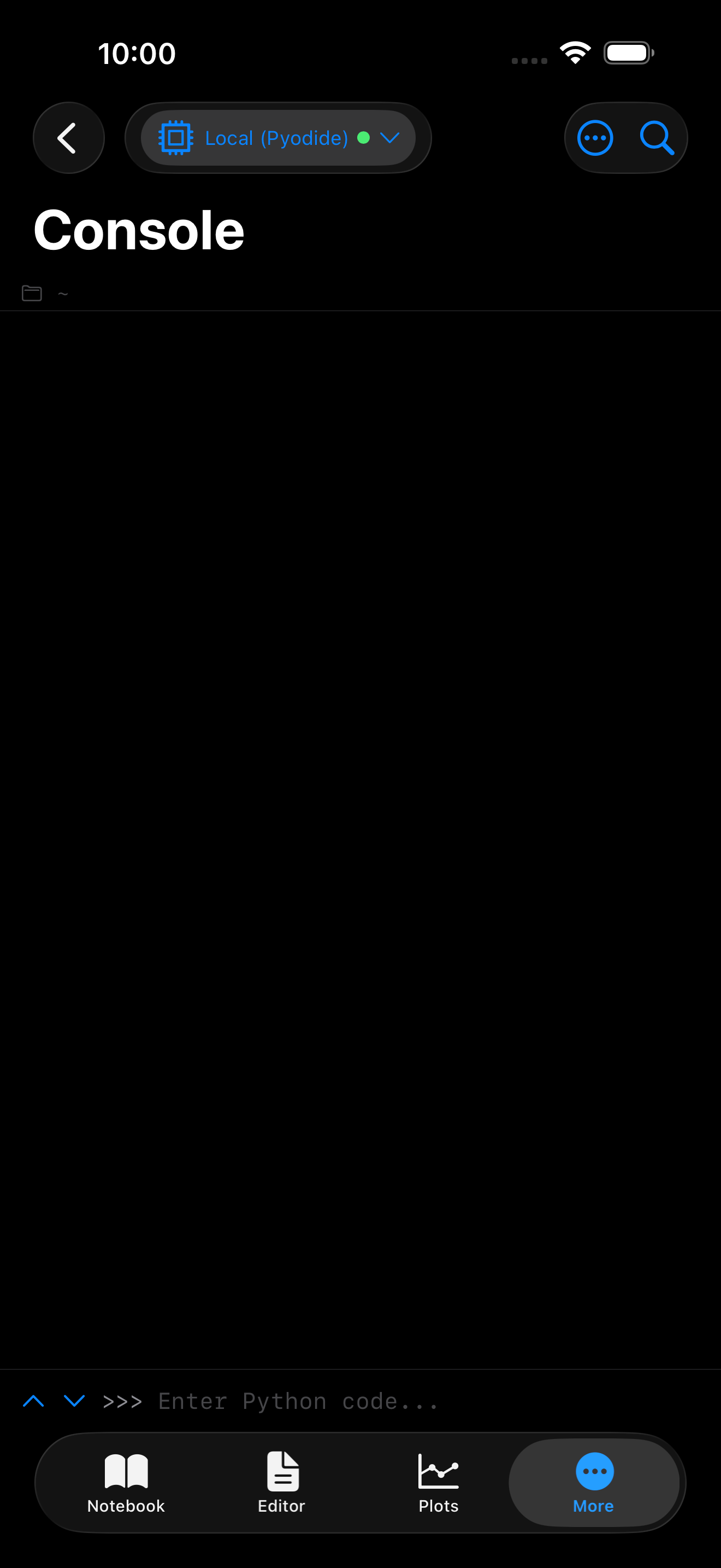 iPhone screenshot showing the Pyodios Python console with a prompt, an expression, and its result.
