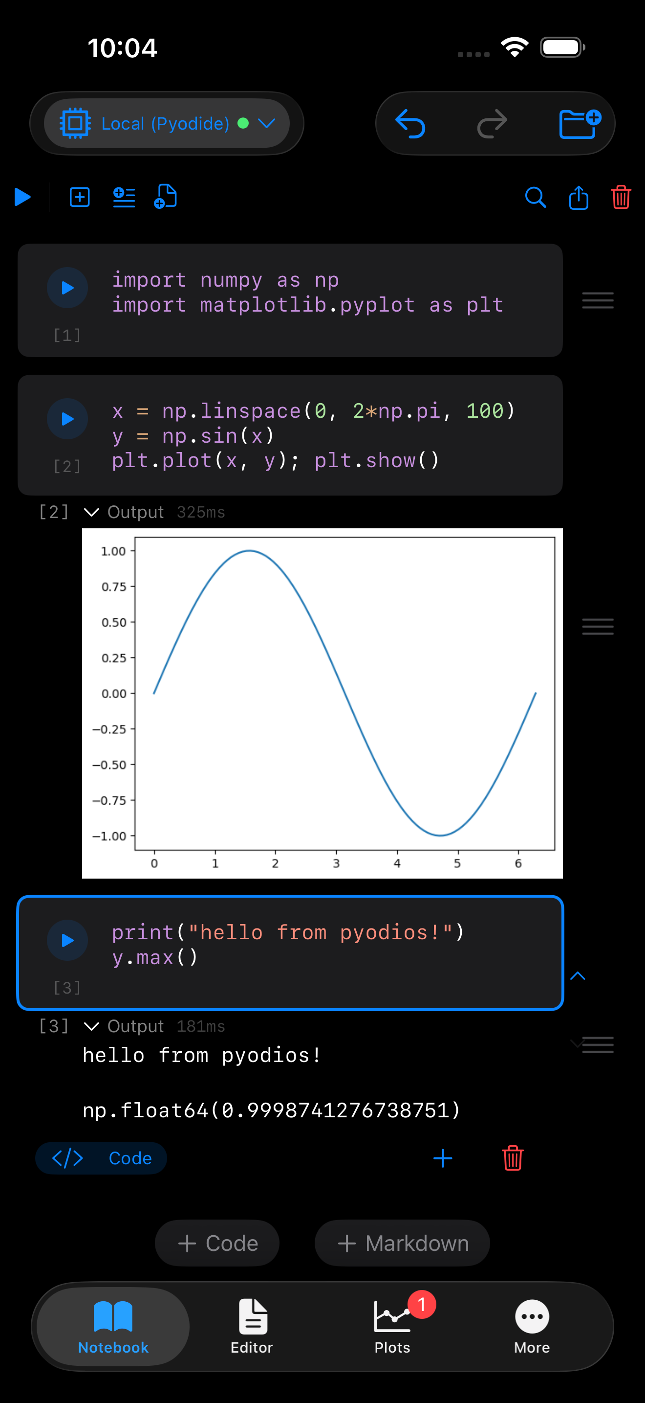 iPhone screenshot showing the Pyodios Notebook mode with prose, a Python code cell, and the cell's output rendered inline directly below.
