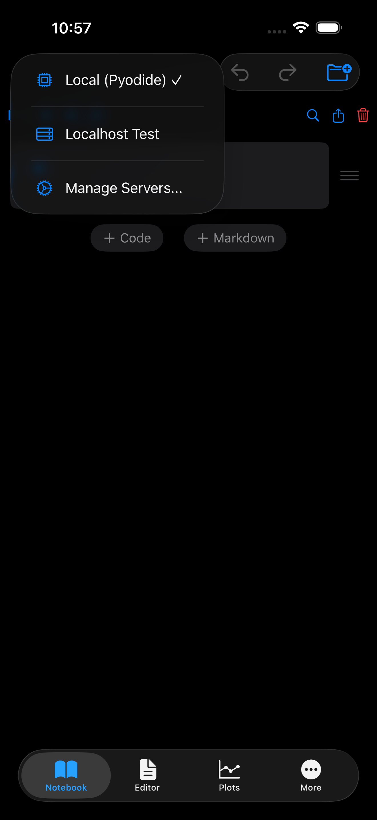 iPhone screenshot showing the Pyodios kernel picker dropdown with Local Pyodide and a remote Jupyter server as choices.