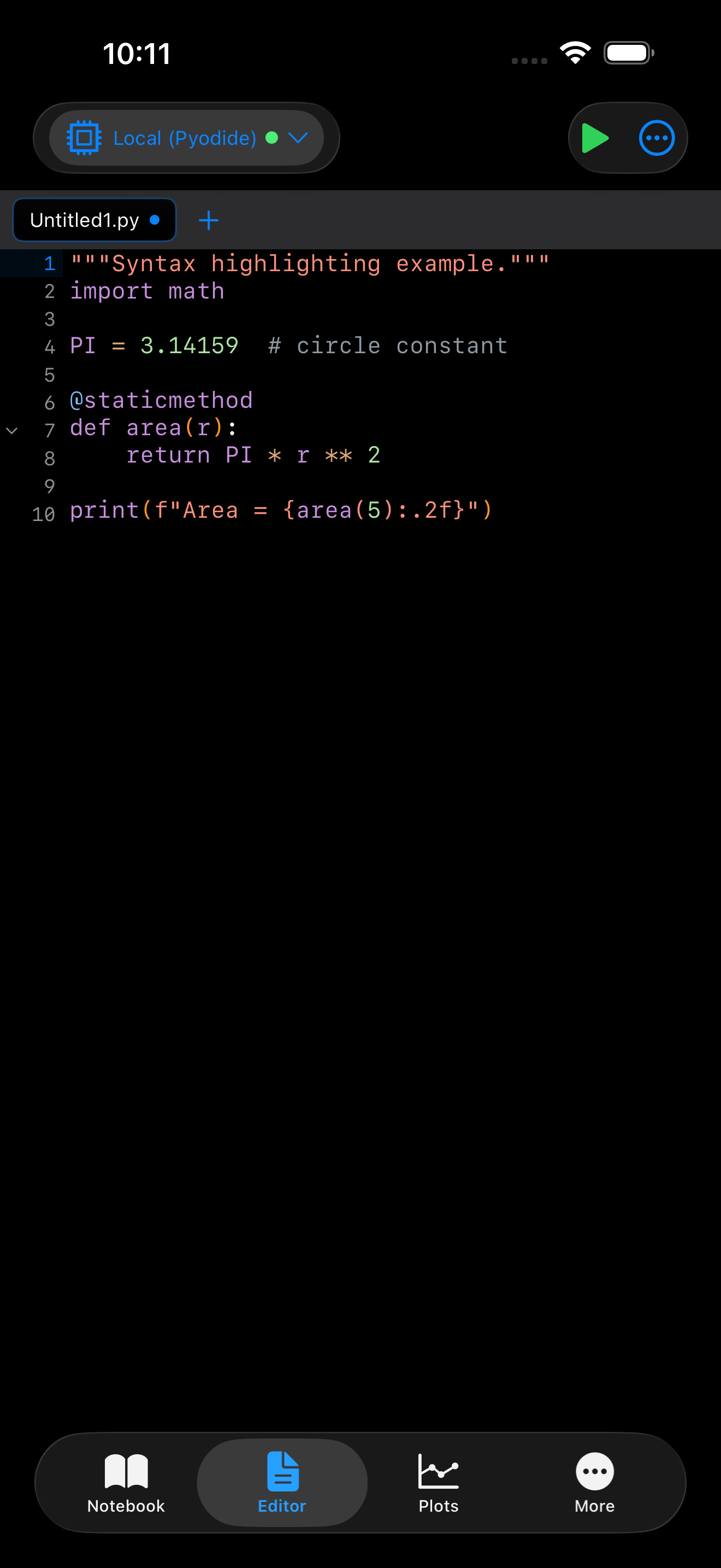 iPhone screenshot showing the Pyodios code editor with Python syntax highlighting.