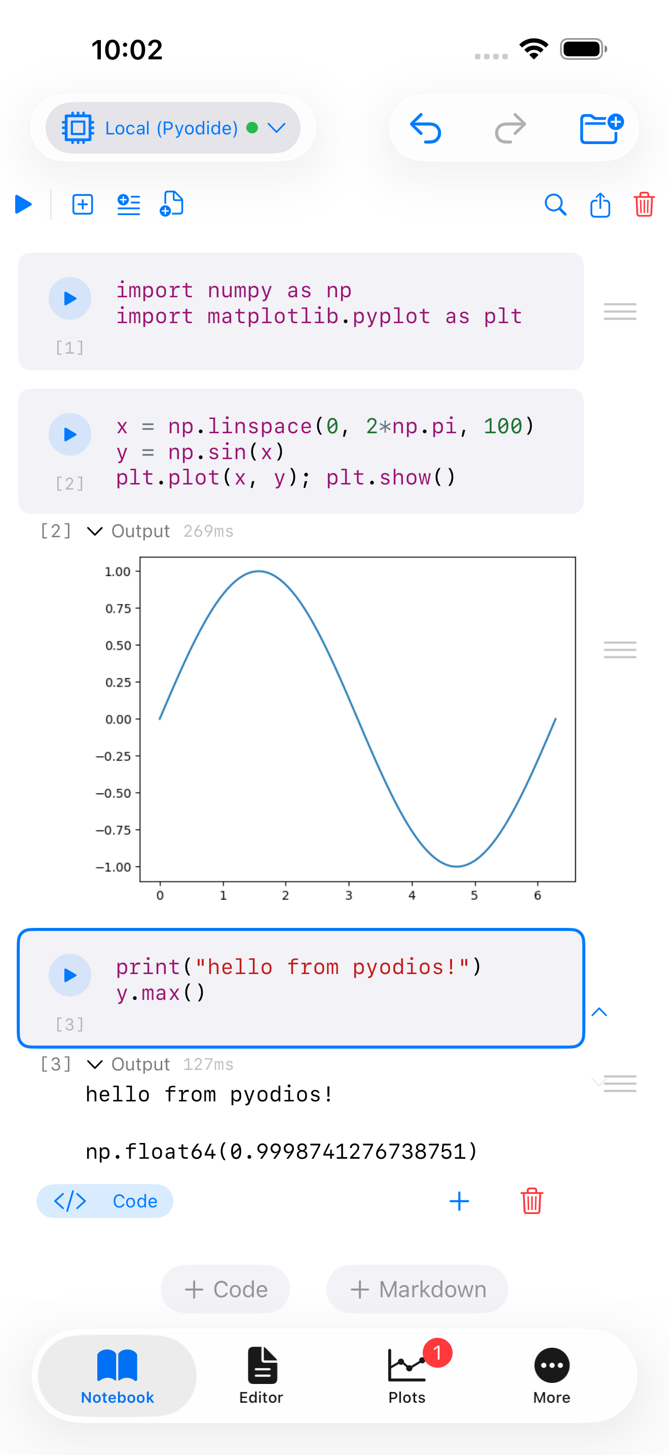 iPhone screenshot showing the Pyodios Notebook mode with prose, a Python code cell, and the cell's output rendered inline directly below.
