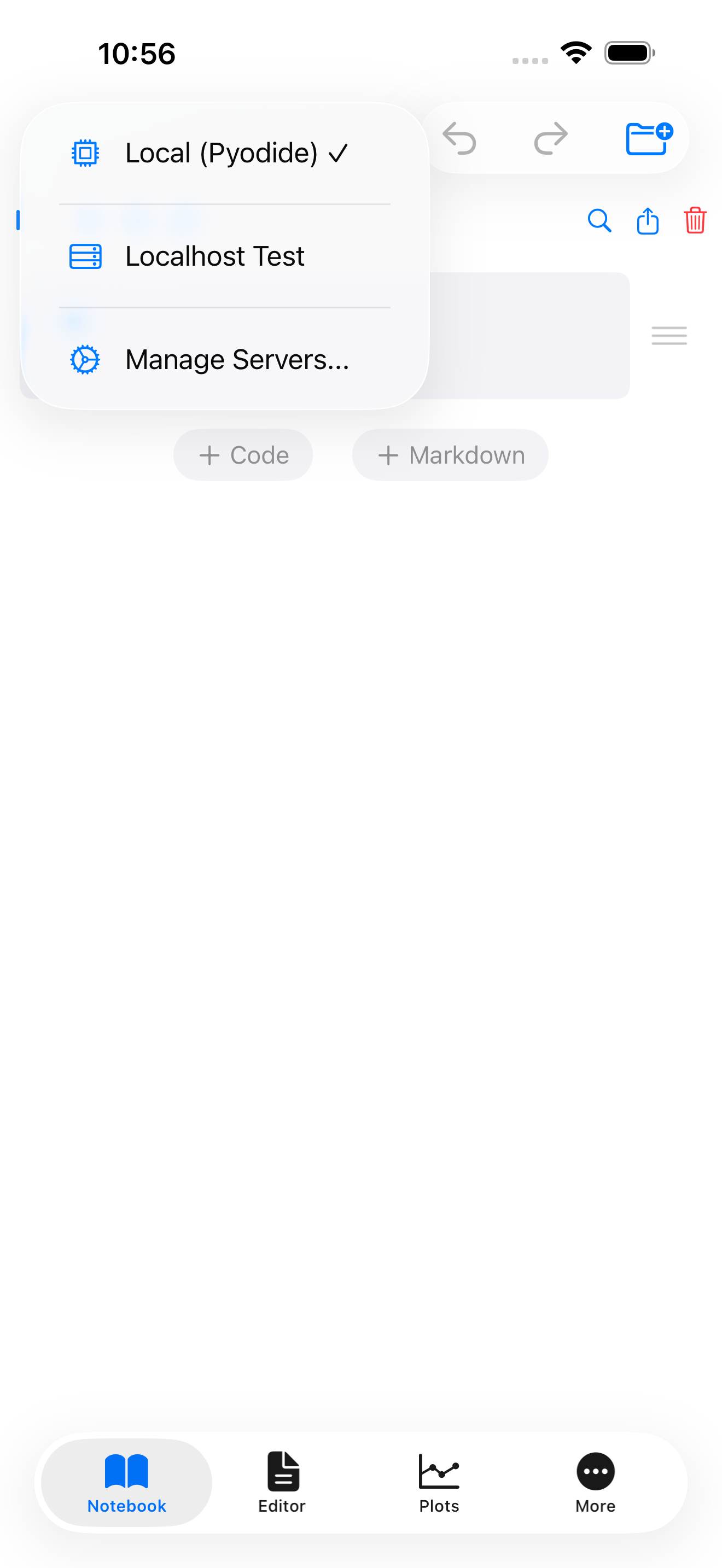iPhone screenshot showing the Pyodios kernel picker dropdown with Local Pyodide and a remote Jupyter server as choices.