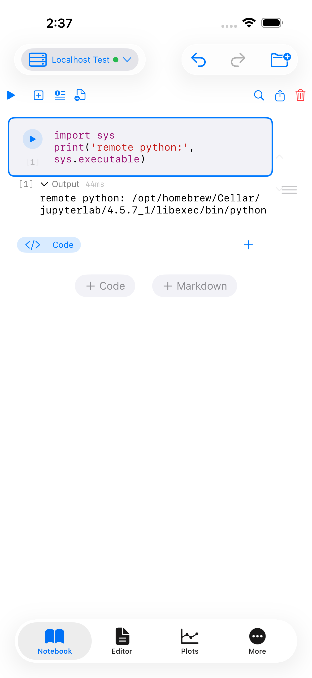 iPhone screenshot showing the Pyodios notebook with a green-dotted Localhost Test kernel picker, a code cell running import sys and printing sys.executable, and the output line showing the remote homebrew Python path.