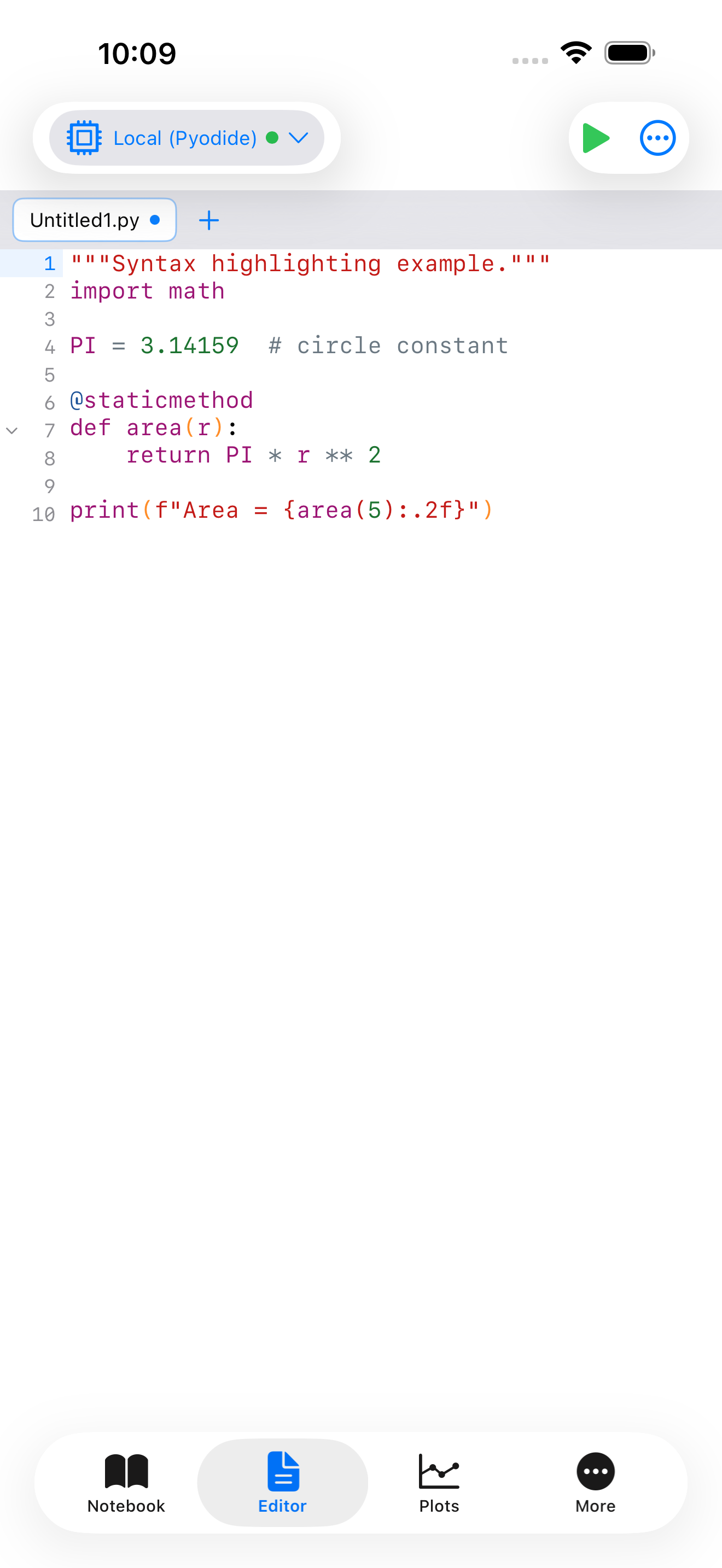 iPhone screenshot showing the Pyodios code editor with Python syntax highlighting.