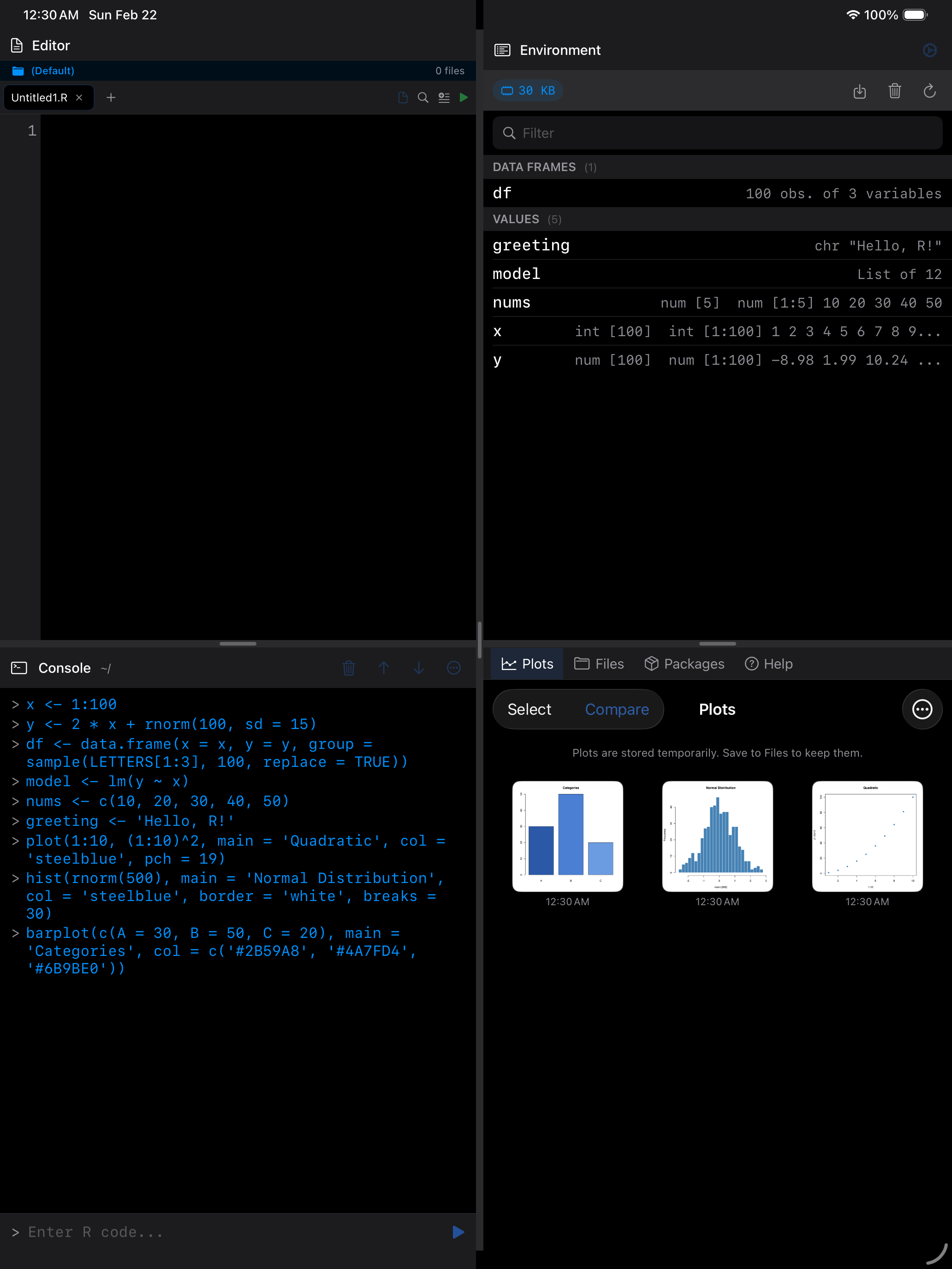 iPad screenshot showing the webRios multi-pane workspace with console and plots side by side.