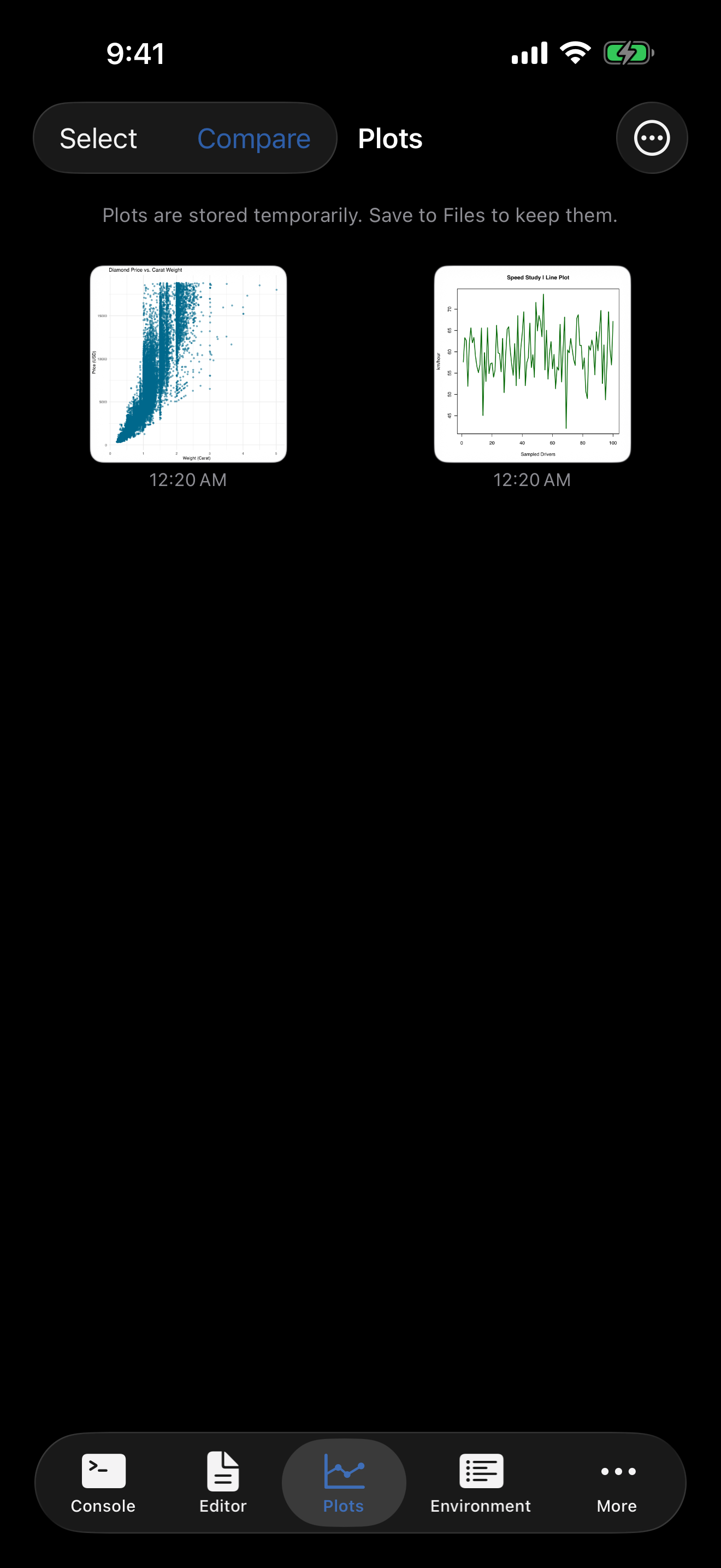 iPhone screenshot showing the webRios plot gallery displaying R-generated graphics.