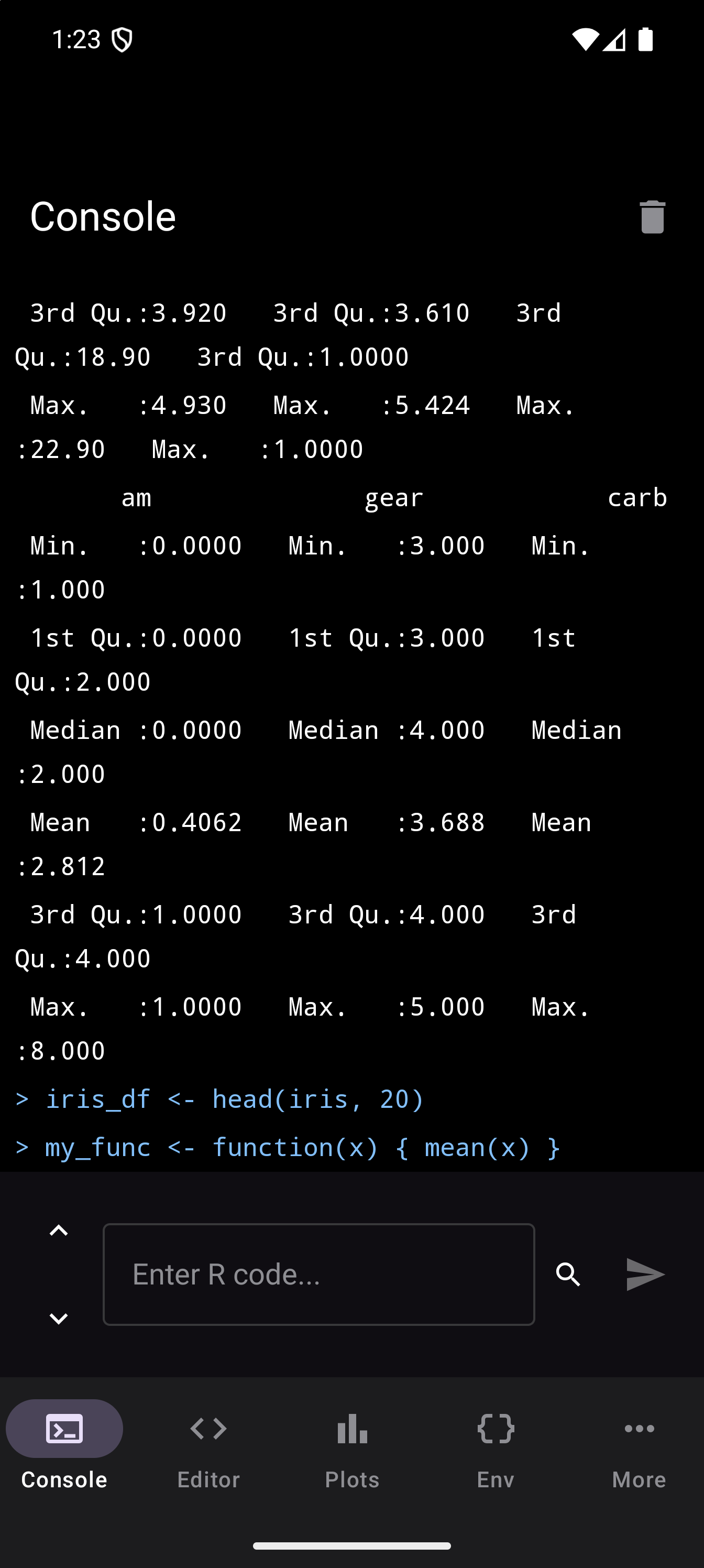 Android phone screenshot showing the webRoid R console with syntax-colored output.