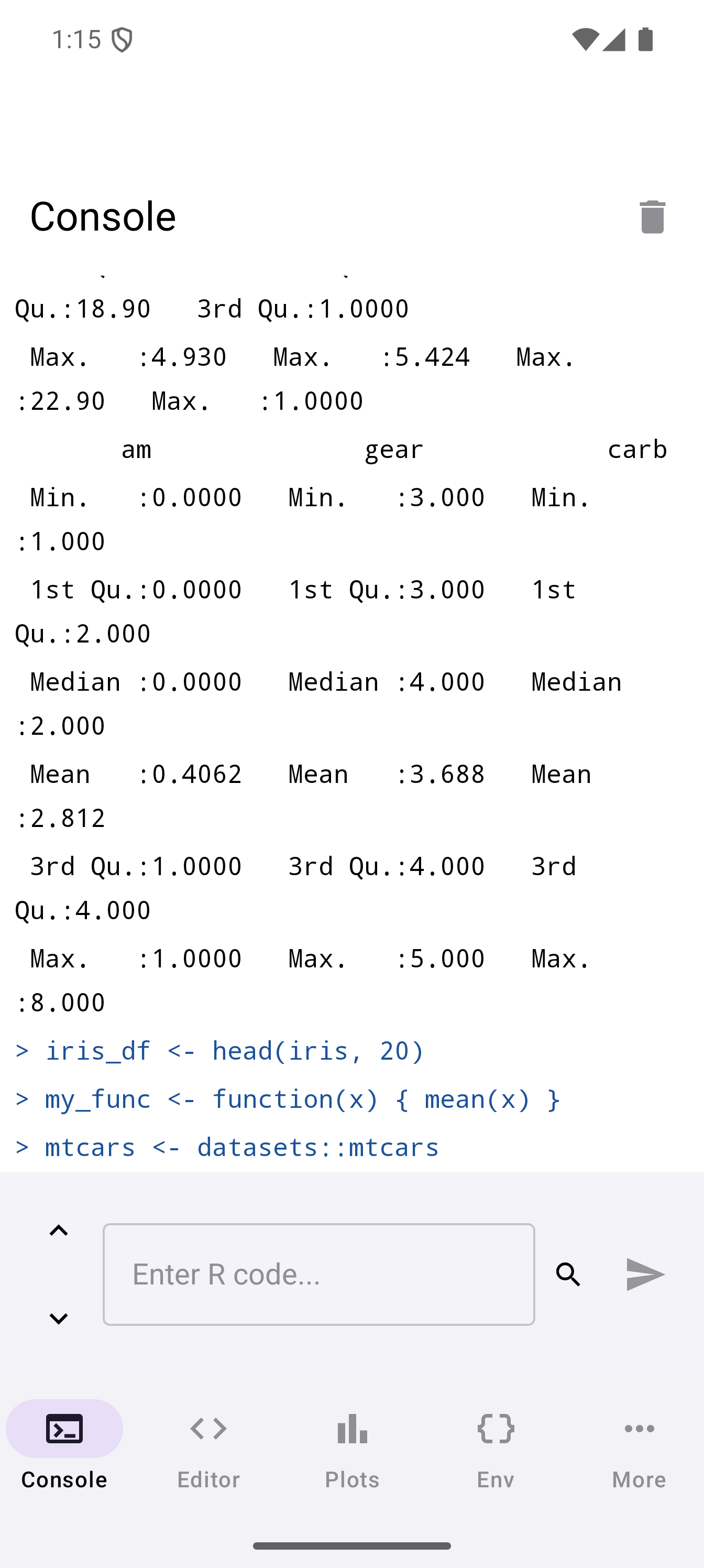 Android phone screenshot showing the webRoid R console with syntax-colored output.