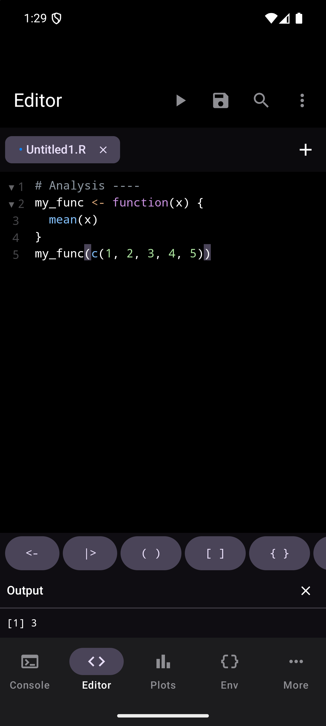Android phone screenshot showing the webRoid code editor with syntax highlighting and a custom R keyboard row.