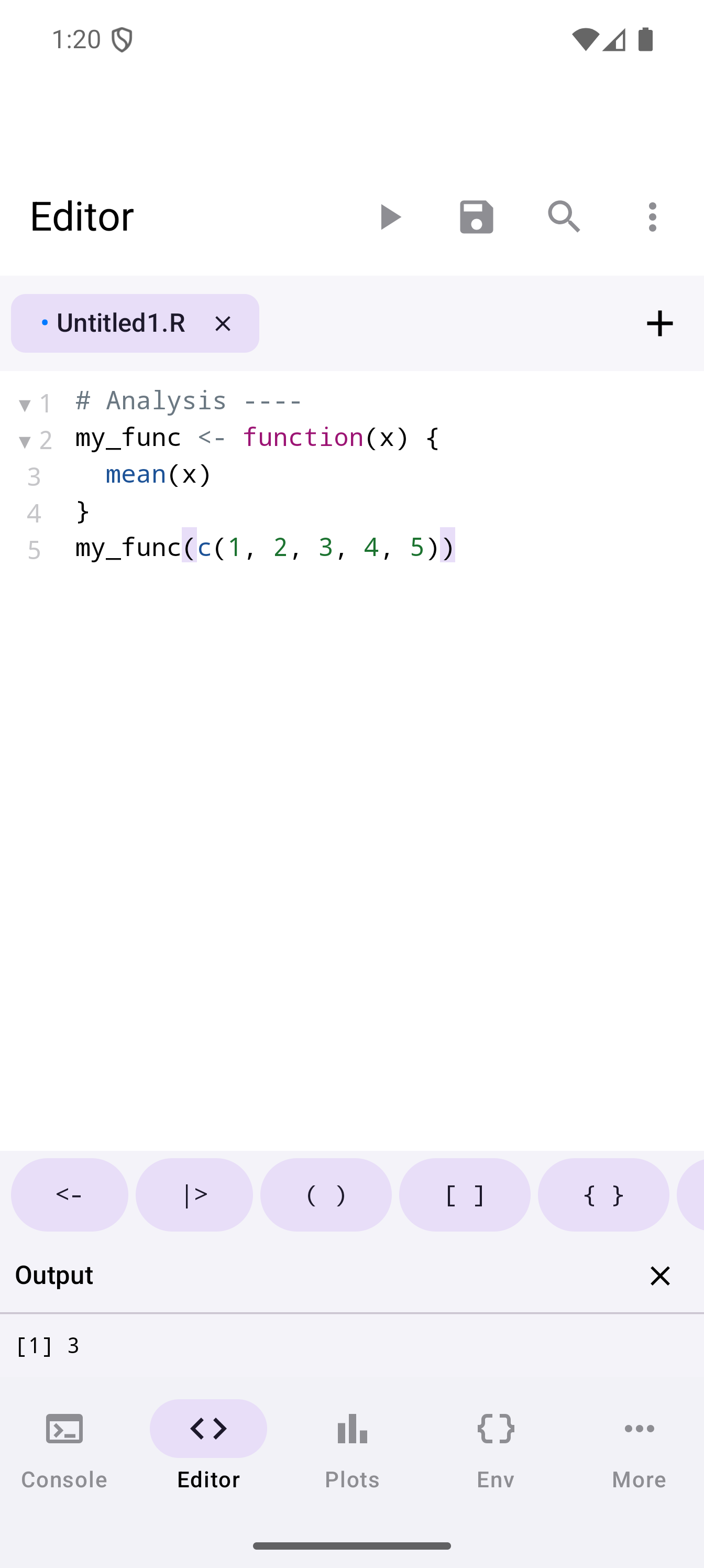 Android phone screenshot showing the webRoid code editor with syntax highlighting and a custom R keyboard row.