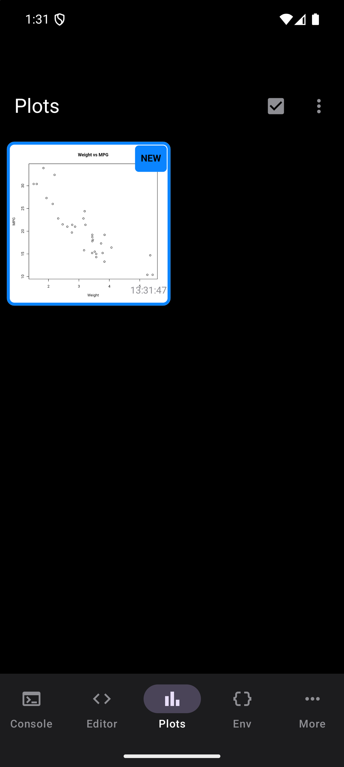 Android phone screenshot showing the webRoid plot view displaying R-generated graphics.
