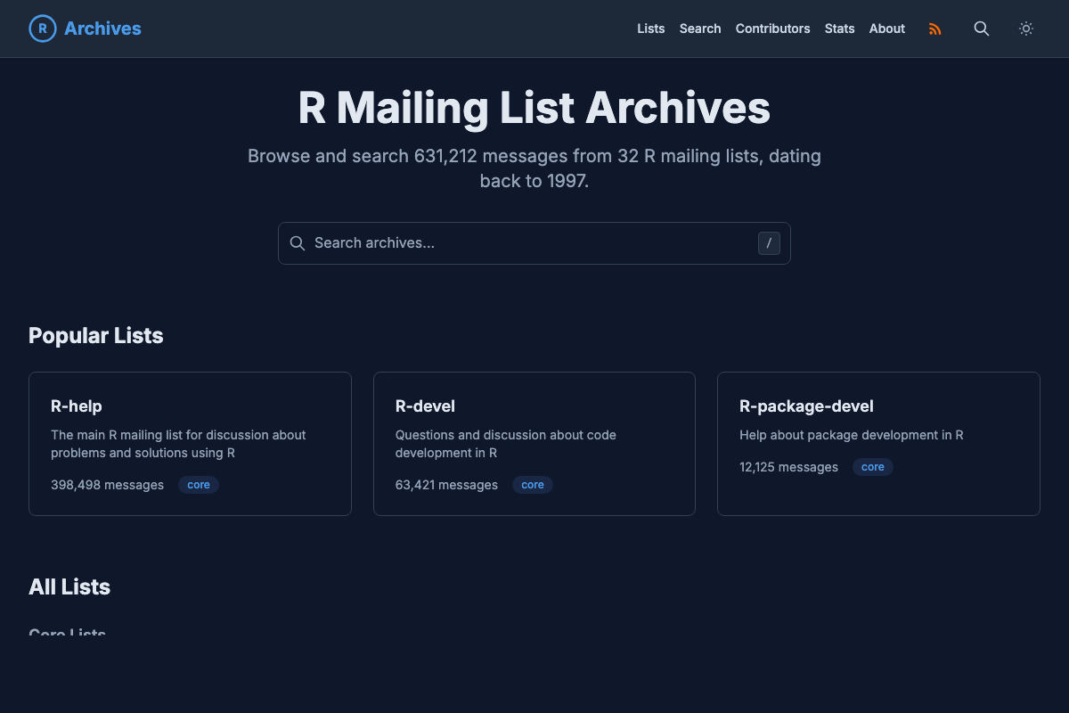 Screenshot of the R Mailing List Archives homepage with a search bar, popular lists section, and navigation menu.
