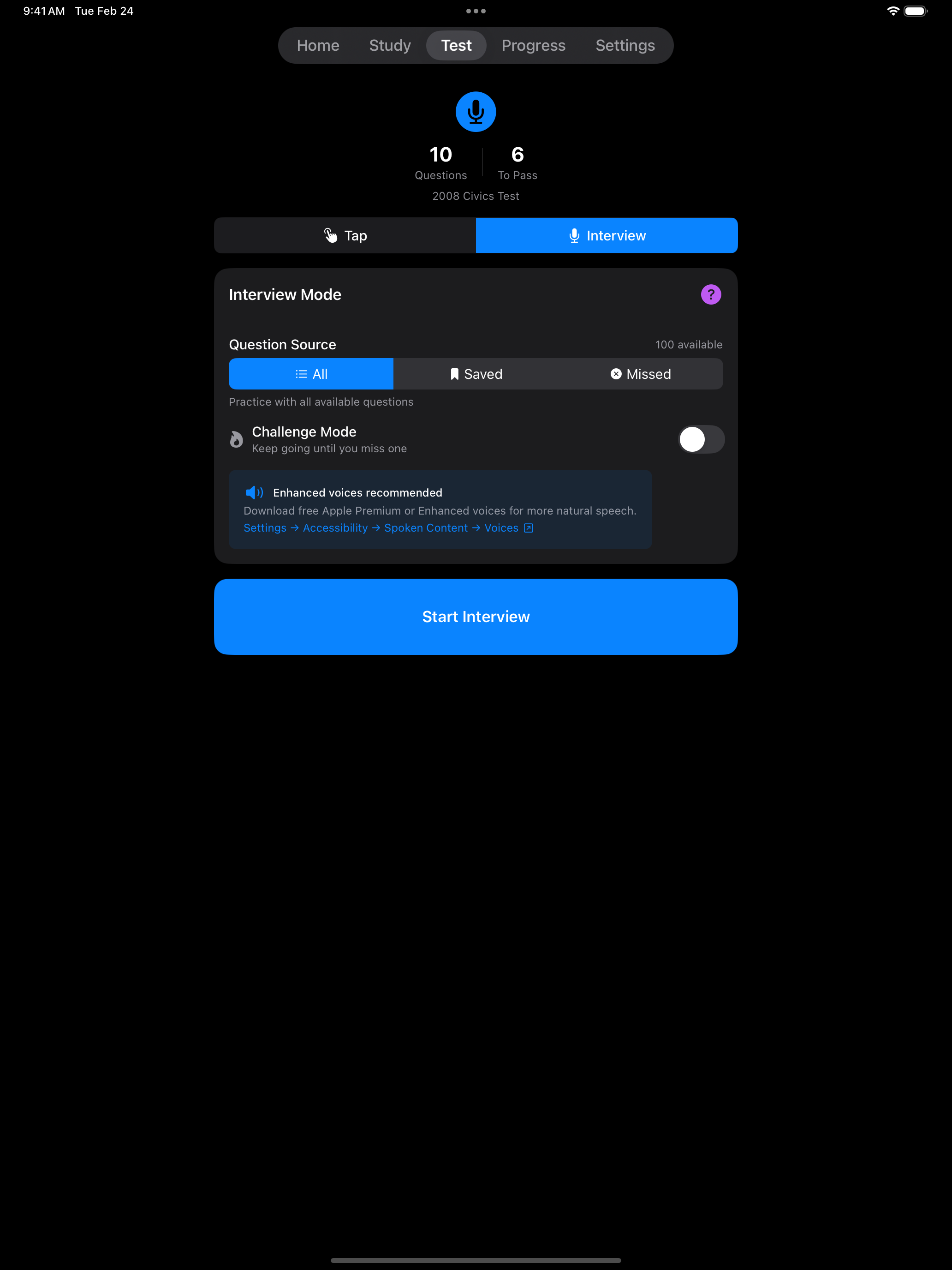 iPad screenshot of the Interview Mode start screen with instructions for spoken practice.