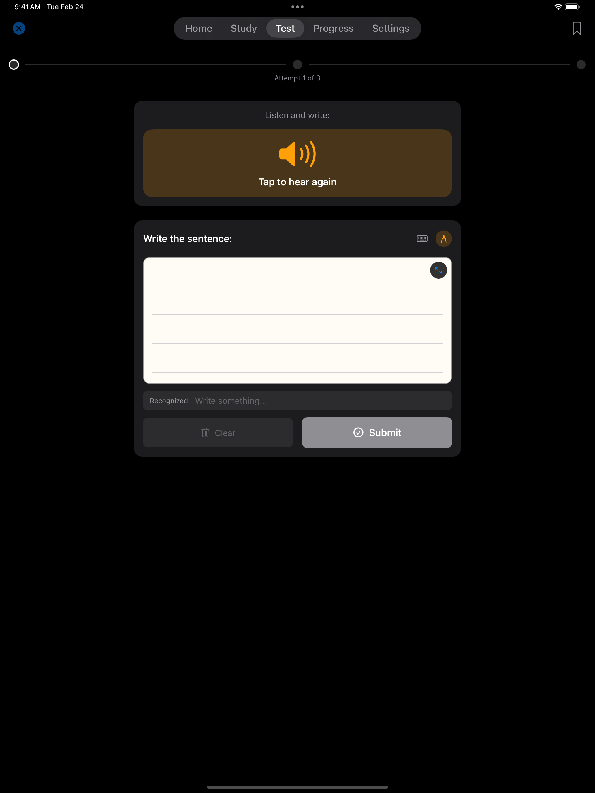 iPad screenshot of the handwriting canvas with a sentence written using Apple Pencil.