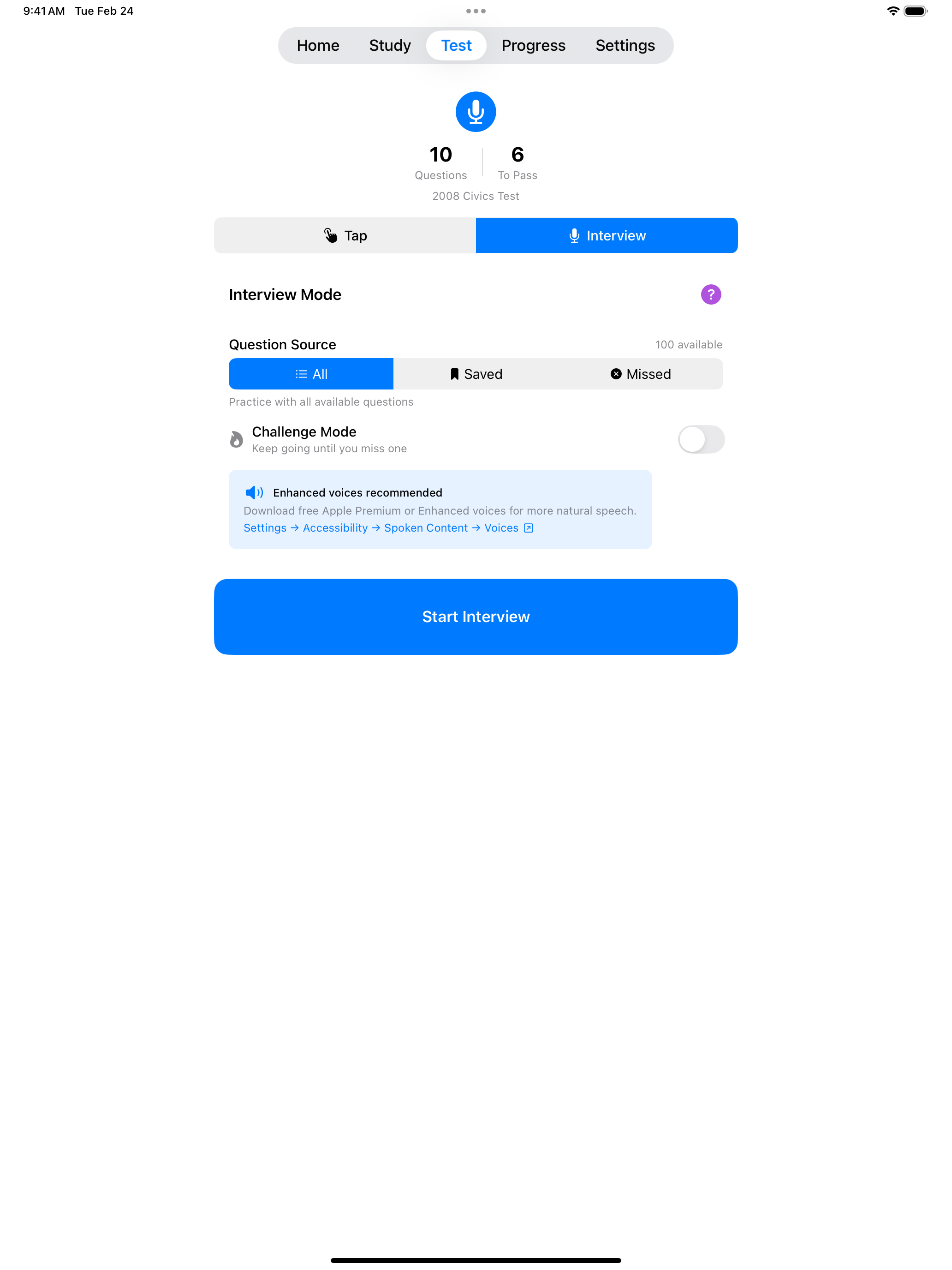 iPad screenshot of the Interview Mode start screen with instructions for spoken practice.