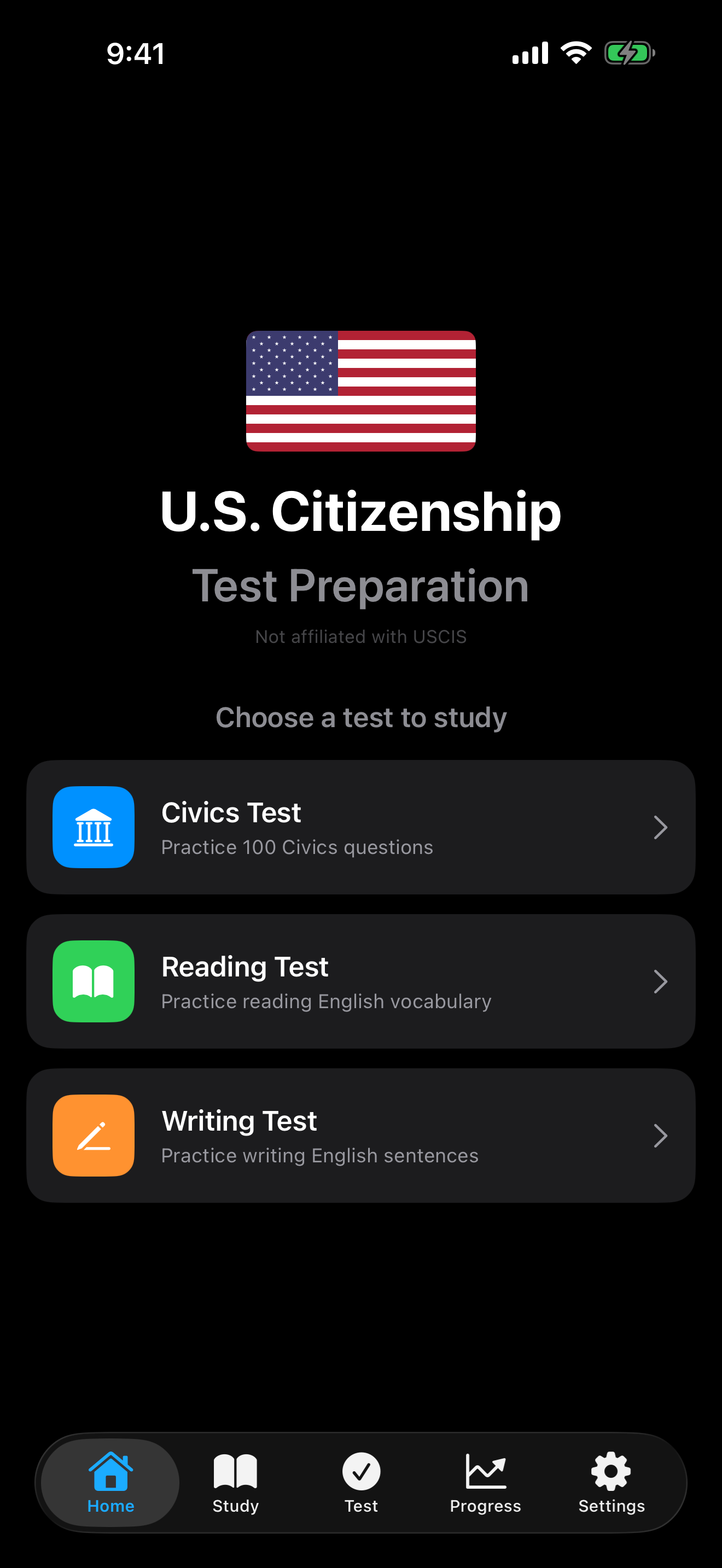 iPhone home screen of U.S. Citizenship Test Prep showing entry tiles for Study, Civics, Reading, Writing, Interview, and Progress.