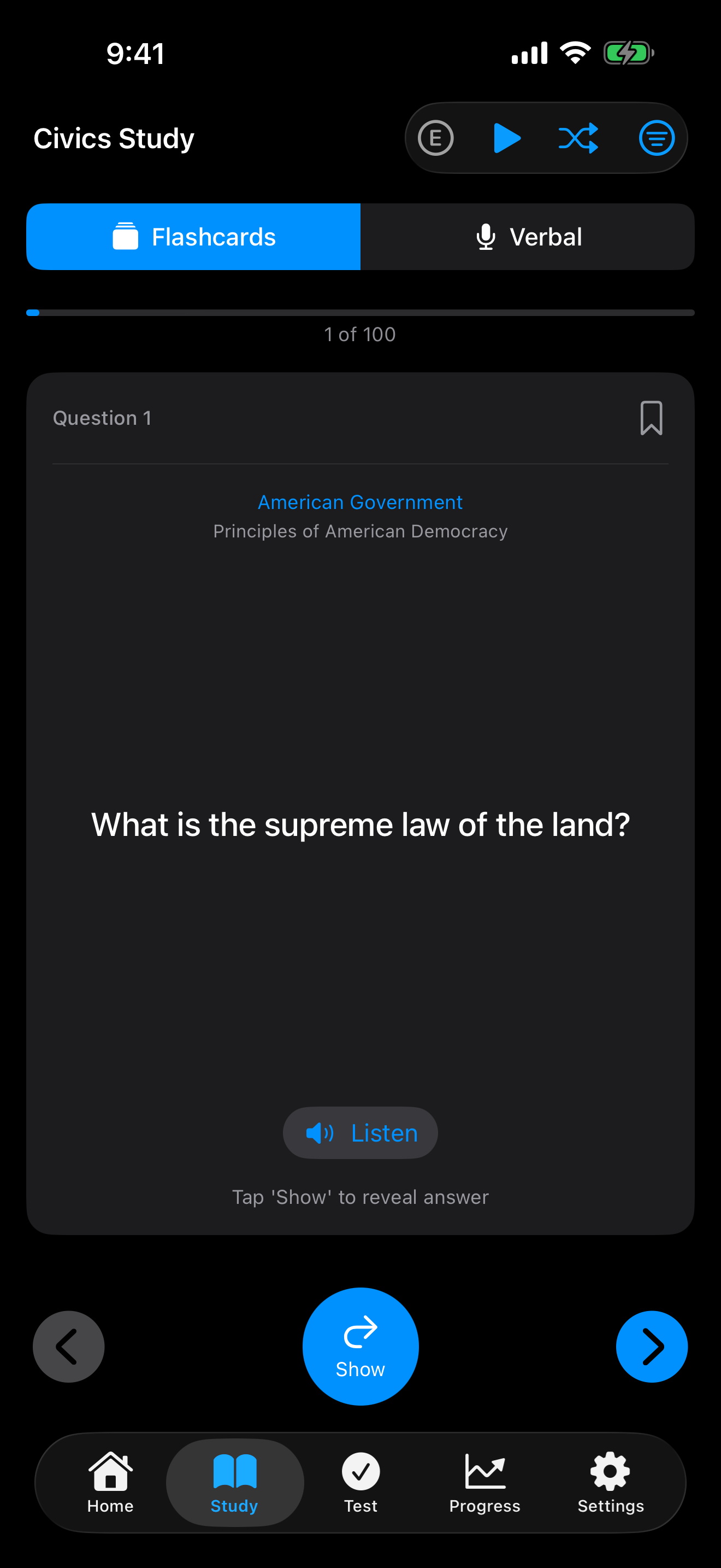 iPhone screenshot showing the front of a Study Mode flashcard with a civics question.