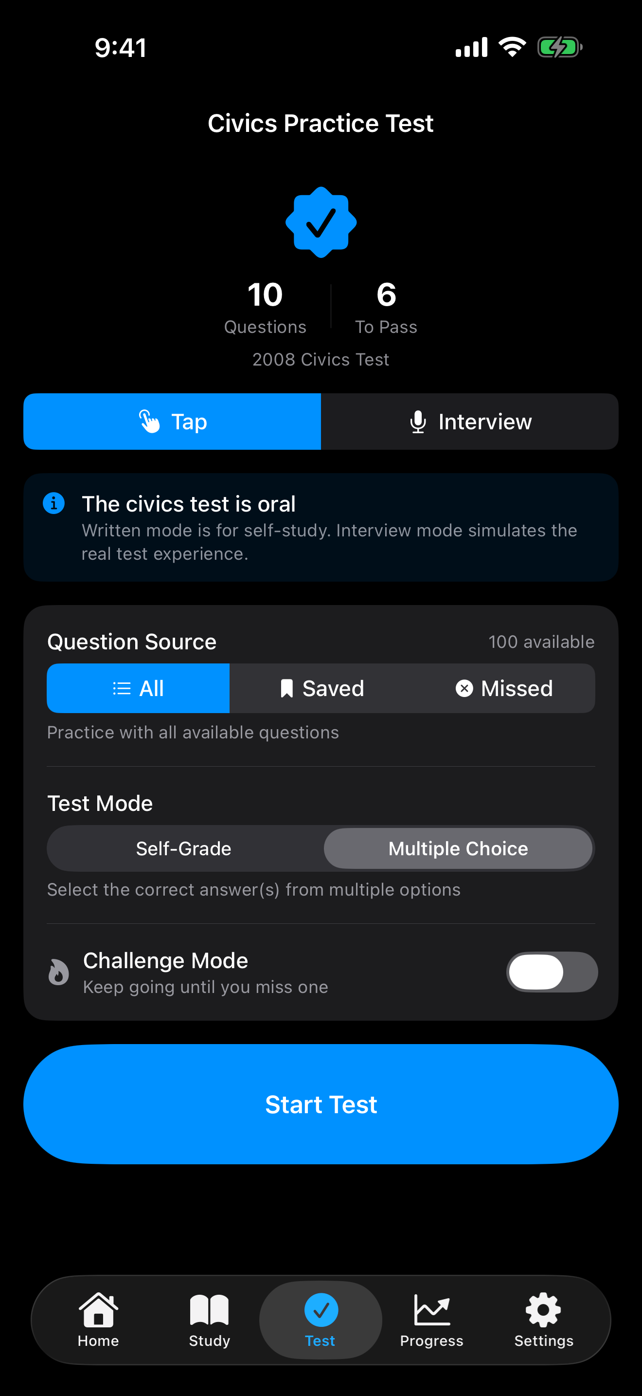 iPhone screenshot of the civics test in Tap Mode showing a question with a hidden answer.