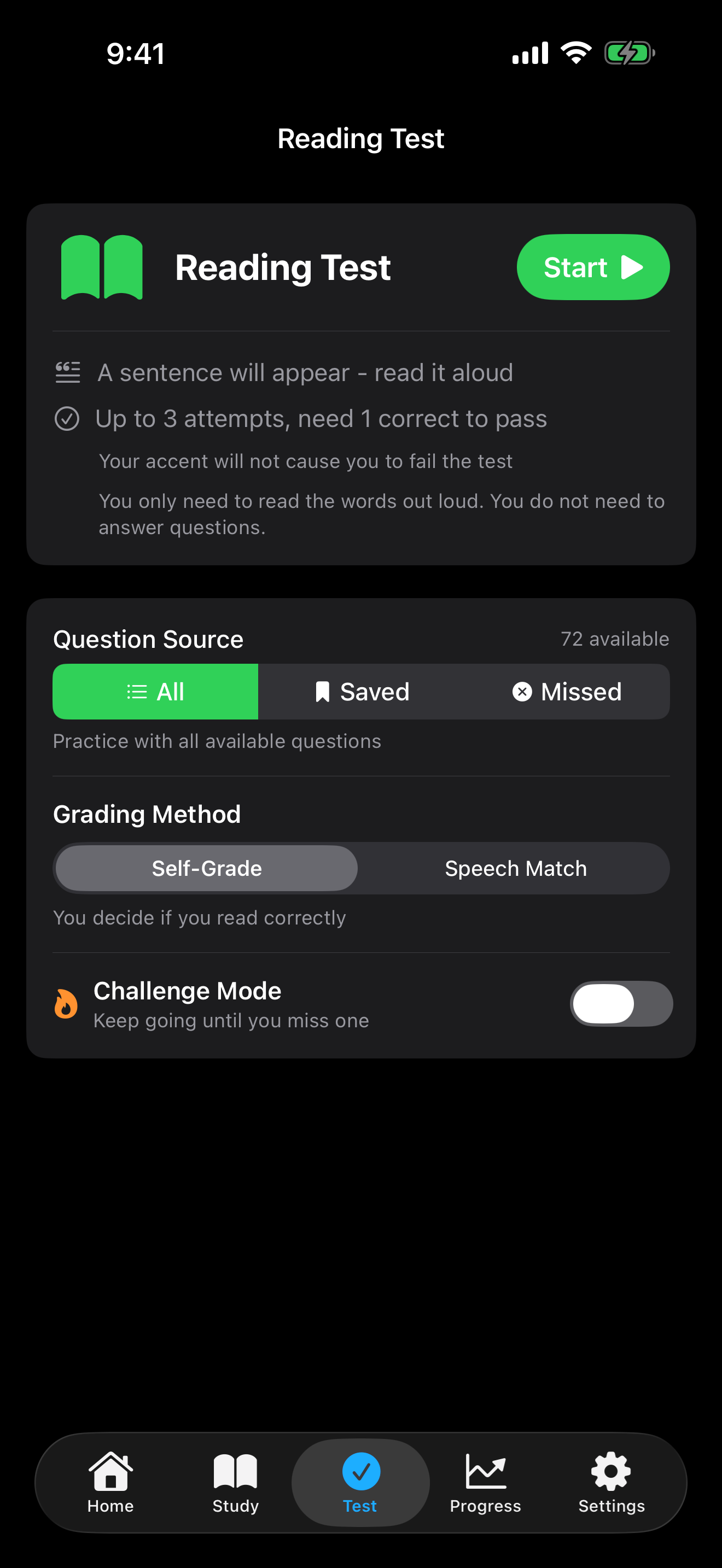 iPhone screenshot of the reading practice screen showing a sentence to read aloud.