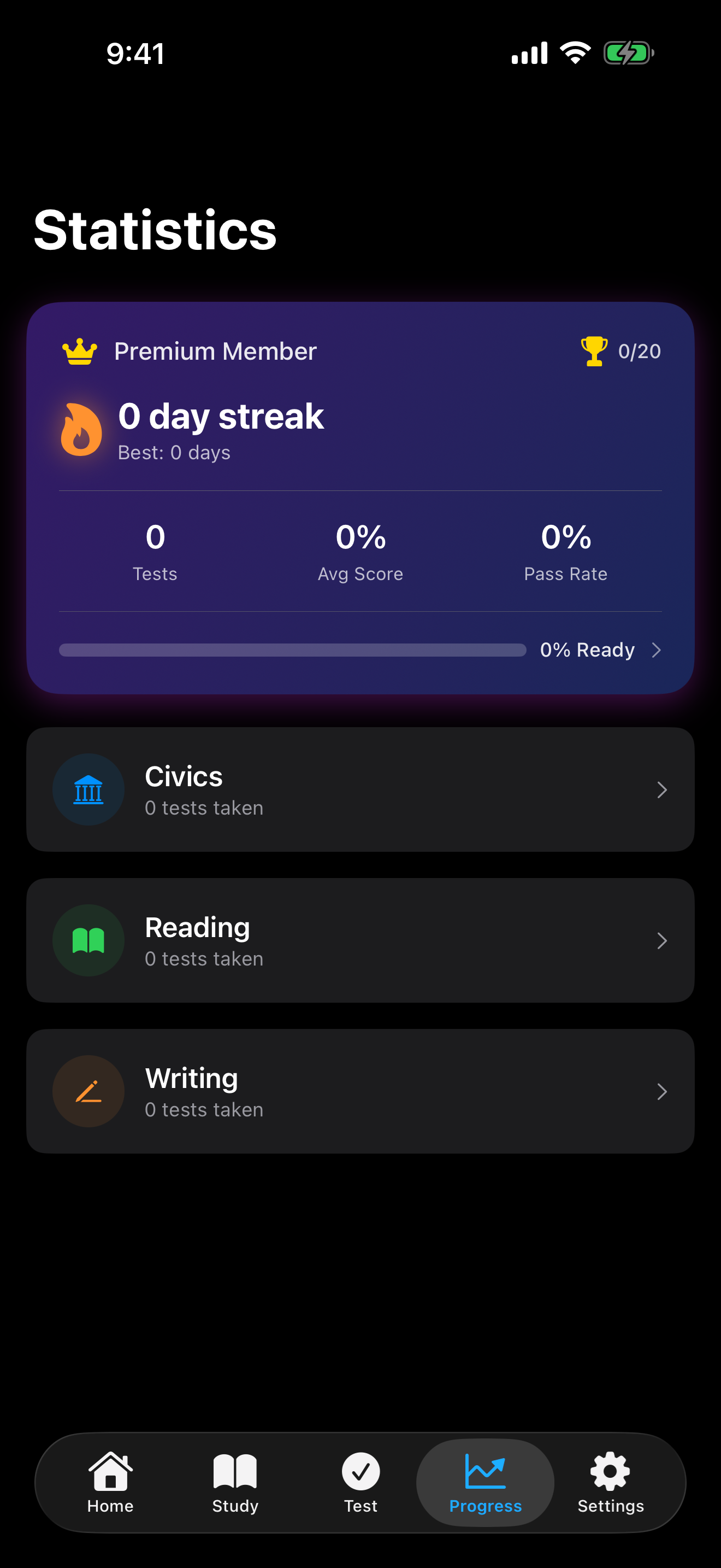 iPhone screenshot of the progress dashboard showing score history, streak, and achievement summary.