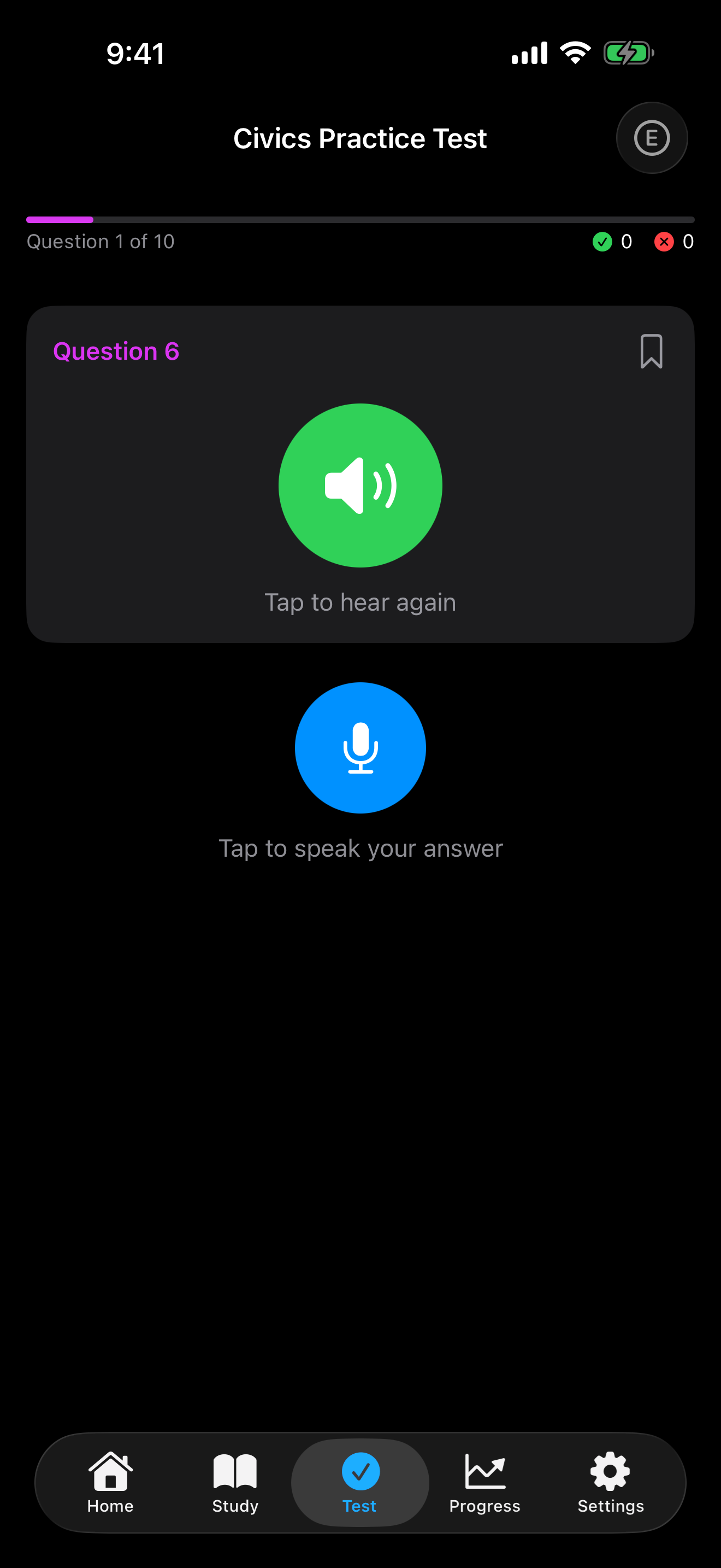 iPhone screenshot of Interview Mode showing a civics question with a microphone button.