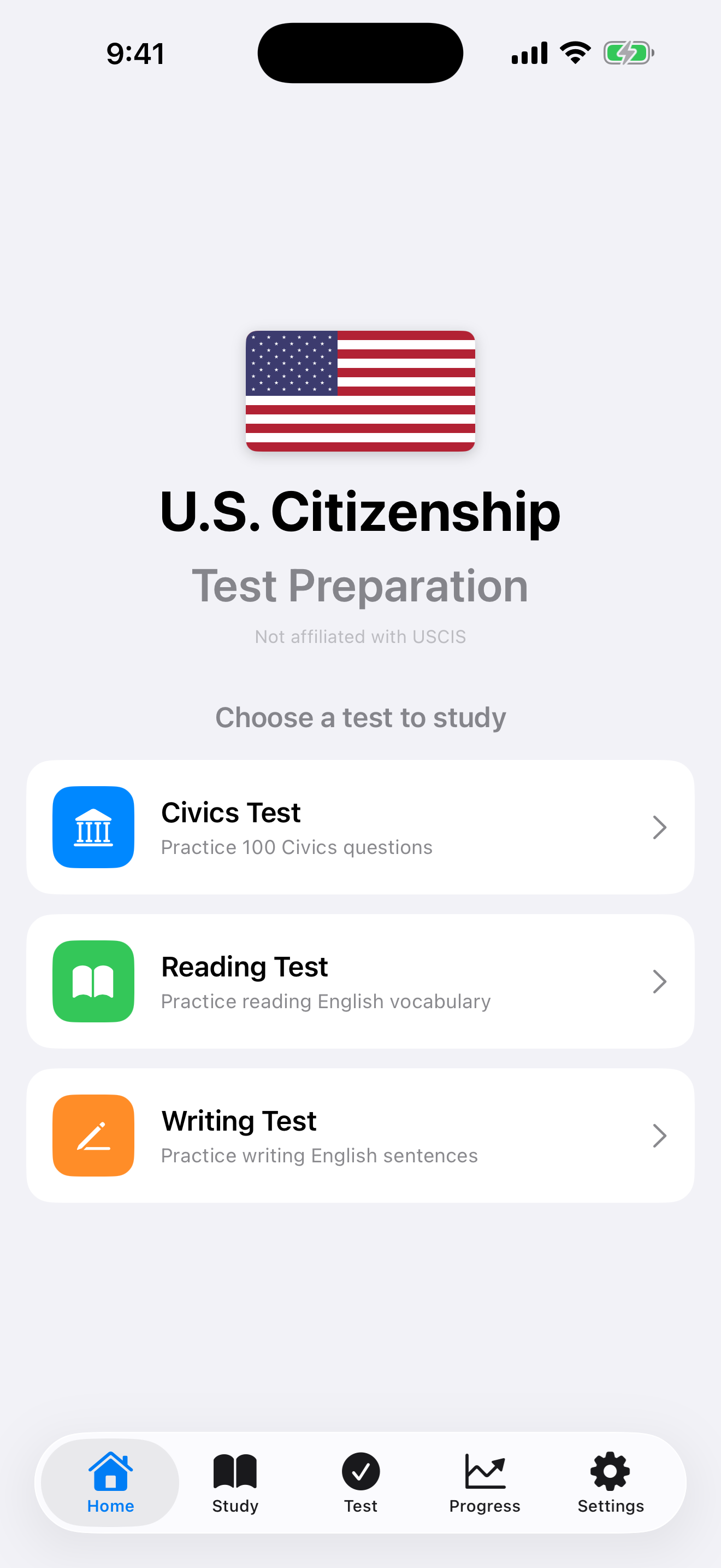 iPhone home screen of U.S. Citizenship Test Prep showing entry tiles for Study, Civics, Reading, Writing, Interview, and Progress.