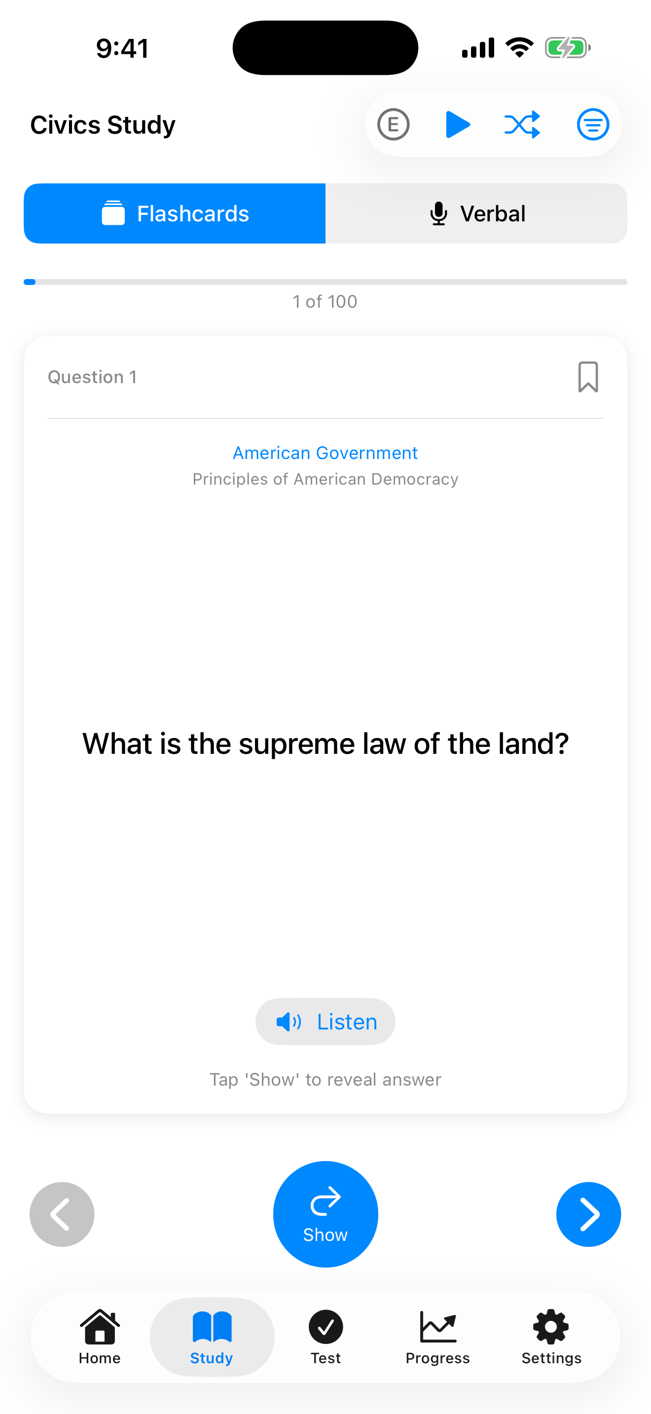 iPhone screenshot showing the front of a Study Mode flashcard with a civics question.