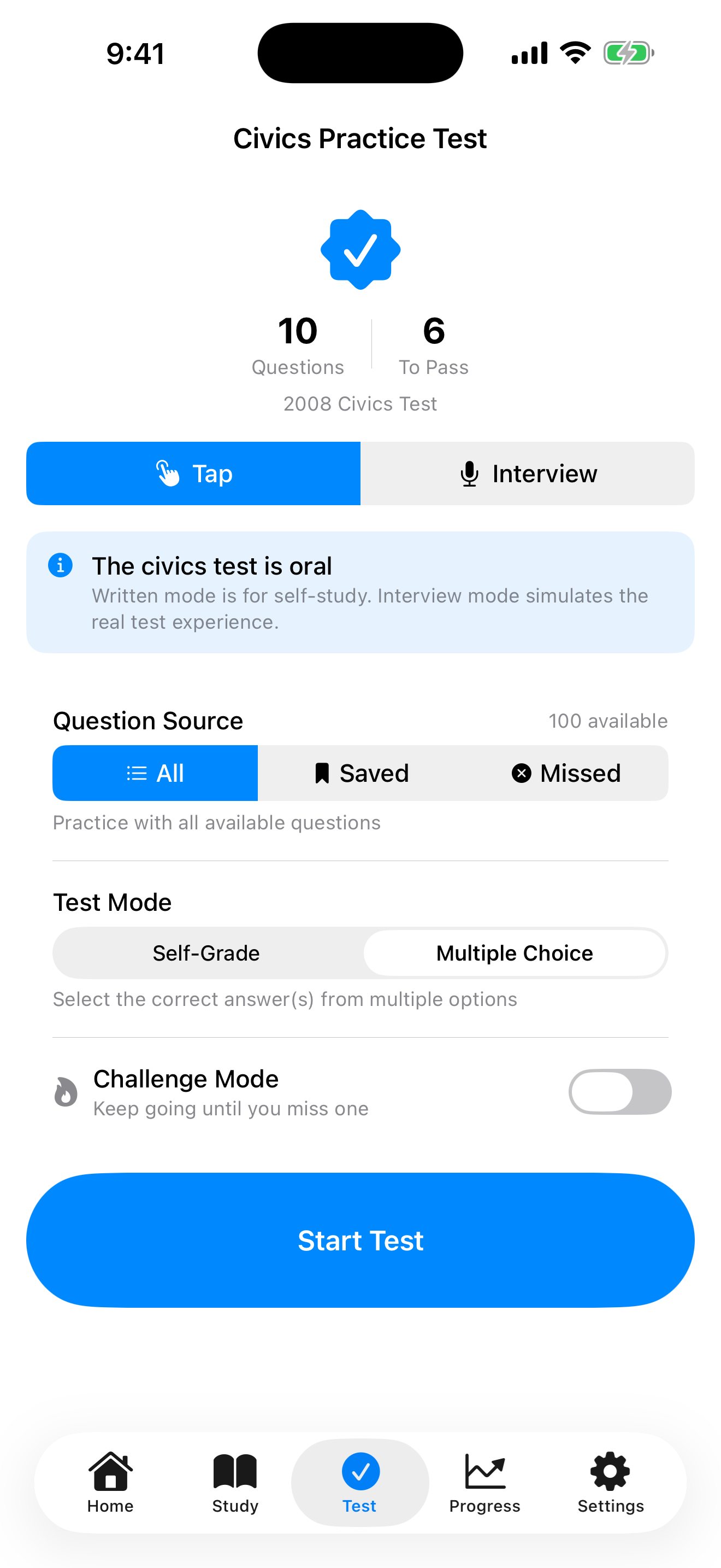 iPhone screenshot of the civics test in Tap Mode showing a question with a hidden answer.