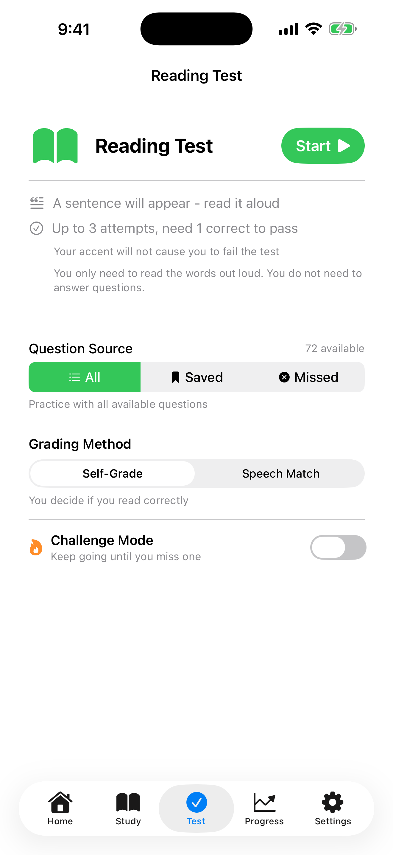 iPhone screenshot of the reading practice screen showing a sentence to read aloud.