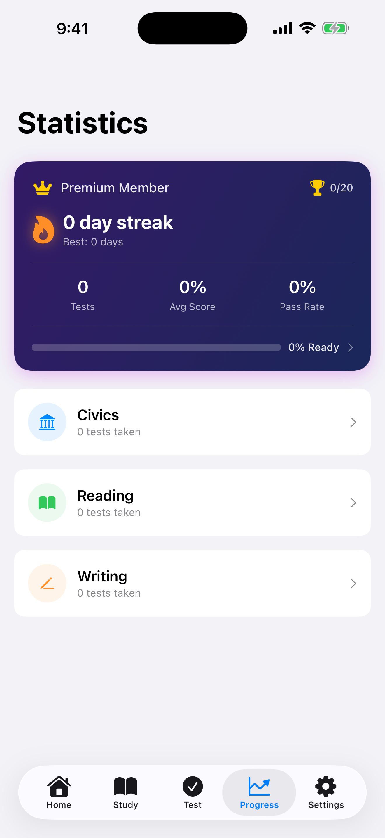 iPhone screenshot of the progress dashboard showing score history, streak, and achievement summary.