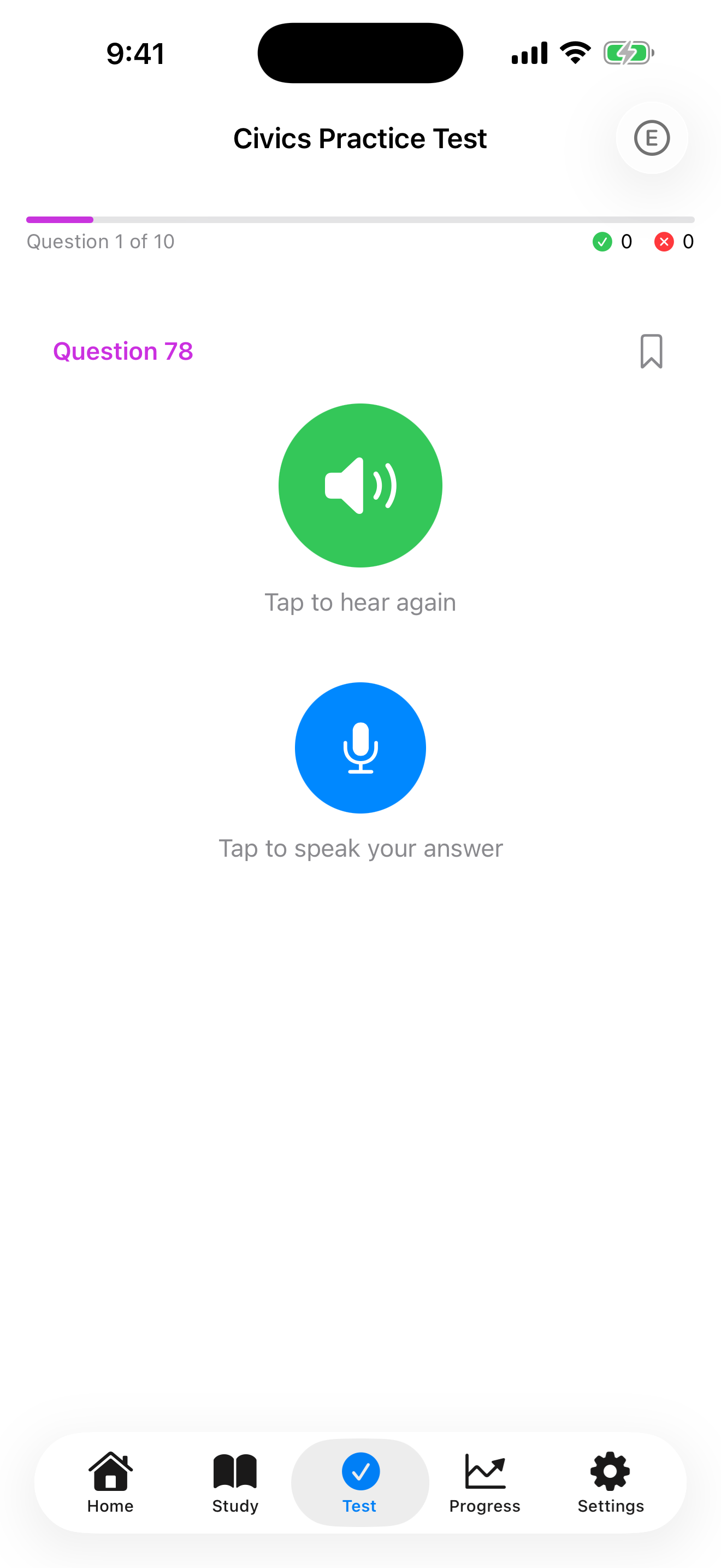 iPhone screenshot of Interview Mode showing a civics question with a microphone button.