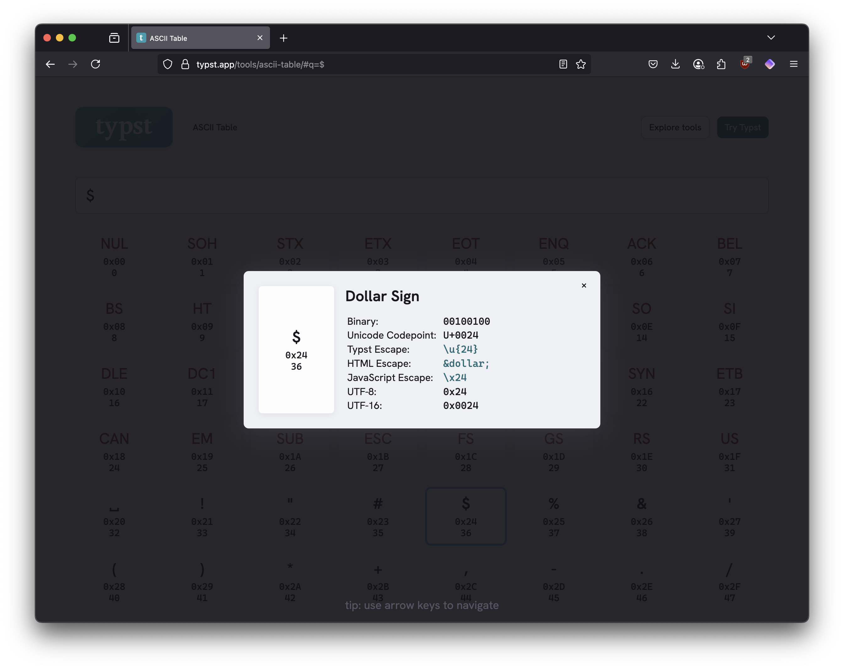 Screenshot of Typst's ASCII table tool showing a popup dialog for the dollar sign character. The popup displays 'Dollar Sign' as the title with the $ symbol prominently shown, along with various encoding formats: Binary (00100100), Unicode Codepoint (U+0024), Typst Escape (\u{24}), HTML Escape ($), JavaScript Escape (\x24), UTF-8 (0x24), and UTF-16 (0x0024). The hex code 0x24 and decimal value 36 are shown below the symbol.