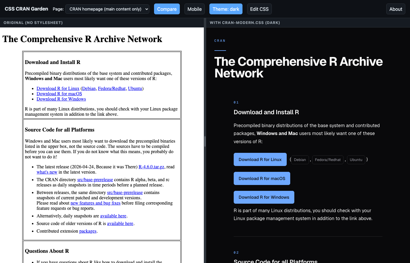 The CSS CRAN Garden viewer in side-by-side compare mode showing the CRAN homepage main content, in dark mode. The viewer chrome is dark; the left pane keeps the original CRAN page in its natural white styling (no overlay applied); the right pane shows the same HTML restyled by cran-modern.css with a 'CRAN' mono accent kicker, large Geist sans-serif hero on a near-black background, and accent download buttons. The side-by-side stays apples-to-apples because the left pane intentionally does not get the paint job.