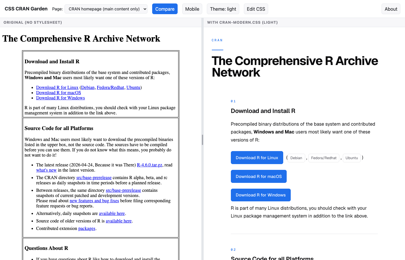 The CSS CRAN Garden viewer in side-by-side compare mode showing the CRAN homepage main content, in light mode. The left pane is the original page in default browser styling: a serif H1 reading 'The Comprehensive R Archive Network' followed by a layout-table with four sections (Download and Install R, Source Code for all Platforms, Questions About R, Supporting CRAN). The right pane shows the same HTML restyled by cran-modern.css: a mono accent 'CRAN' kicker, a confident Geist sans-serif hero, a numbered grid of sections, and accent download buttons for Linux, macOS, and Windows.