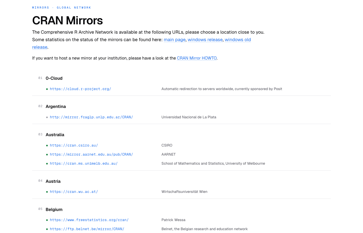 The CRAN Mirrors page in light mode, restyled. Top-left mono kicker reads 'MIRRORS · GLOBAL NETWORK'. Below the title and lead paragraphs, countries appear as numbered sections with mono '01', '02', '03' eyebrows. Each mirror URL is preceded by a green filled dot for HTTPS or a grey dot for plain HTTP. Host descriptions appear in muted grey to the right of each URL.