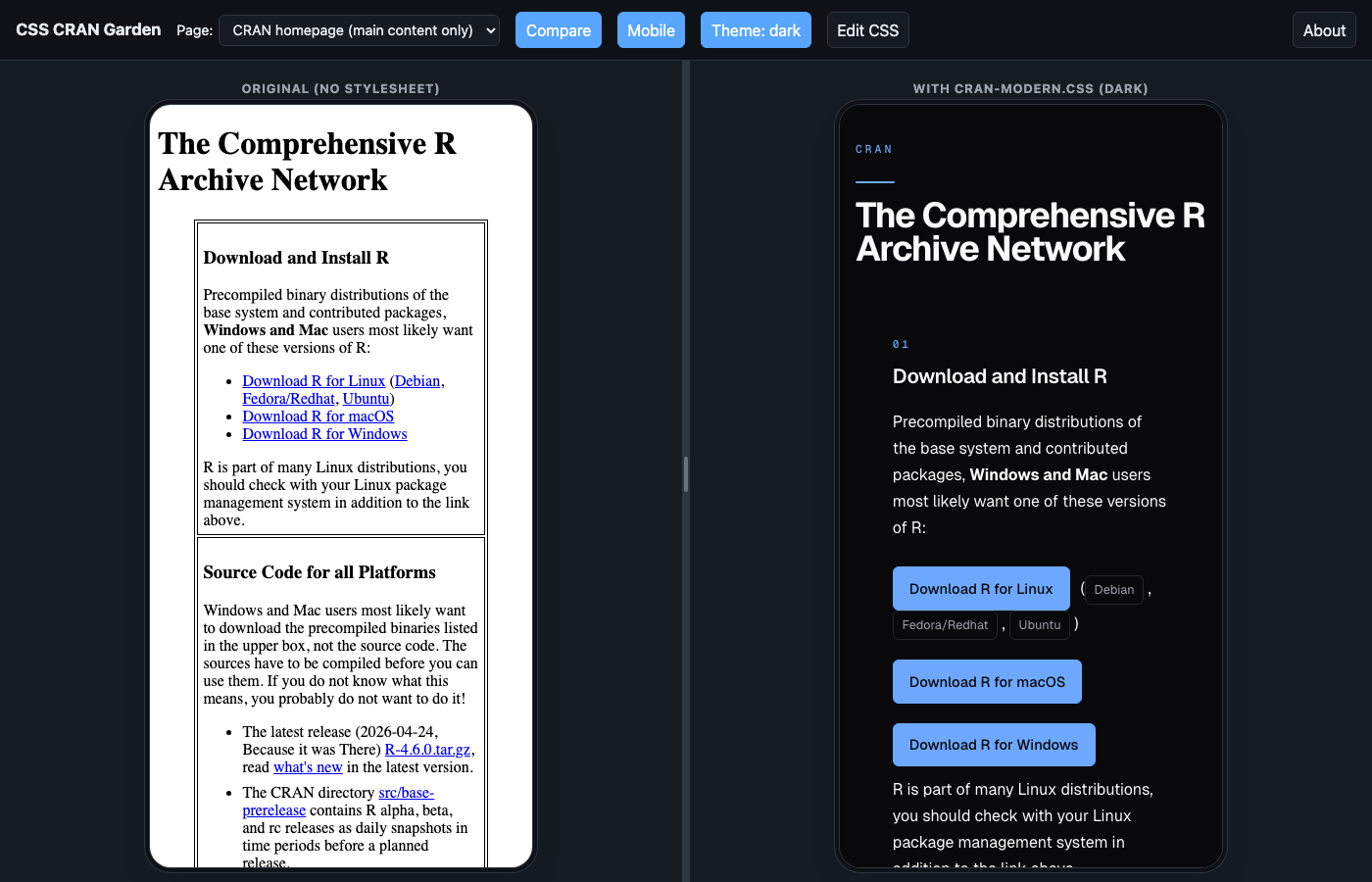 The viewer with mobile preview toggled on, viewer chrome and right-pane iframe both in dark mode. Both iframes are clamped to a 390 px phone-size viewport, centred inside a dark workbench background with a soft device-frame shadow. The right pane shows the homepage main content rendered in dark mode inside the phone surface.